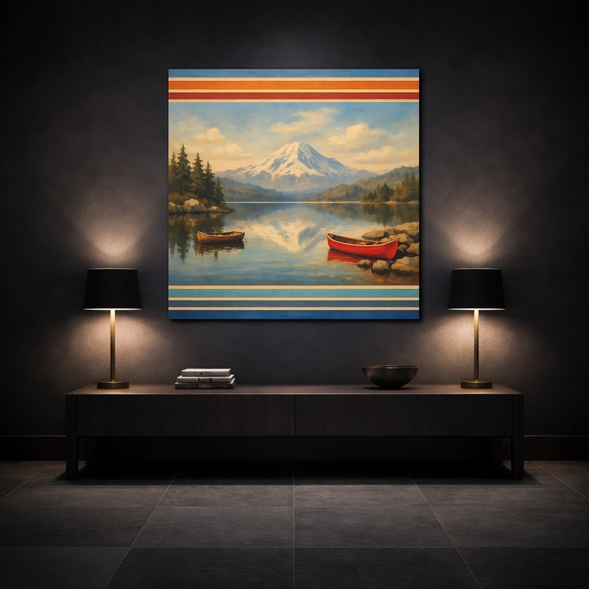 Mockup 3. Nature Mountain Lake Blue Mountain Lake shown as stretched canvas wall art