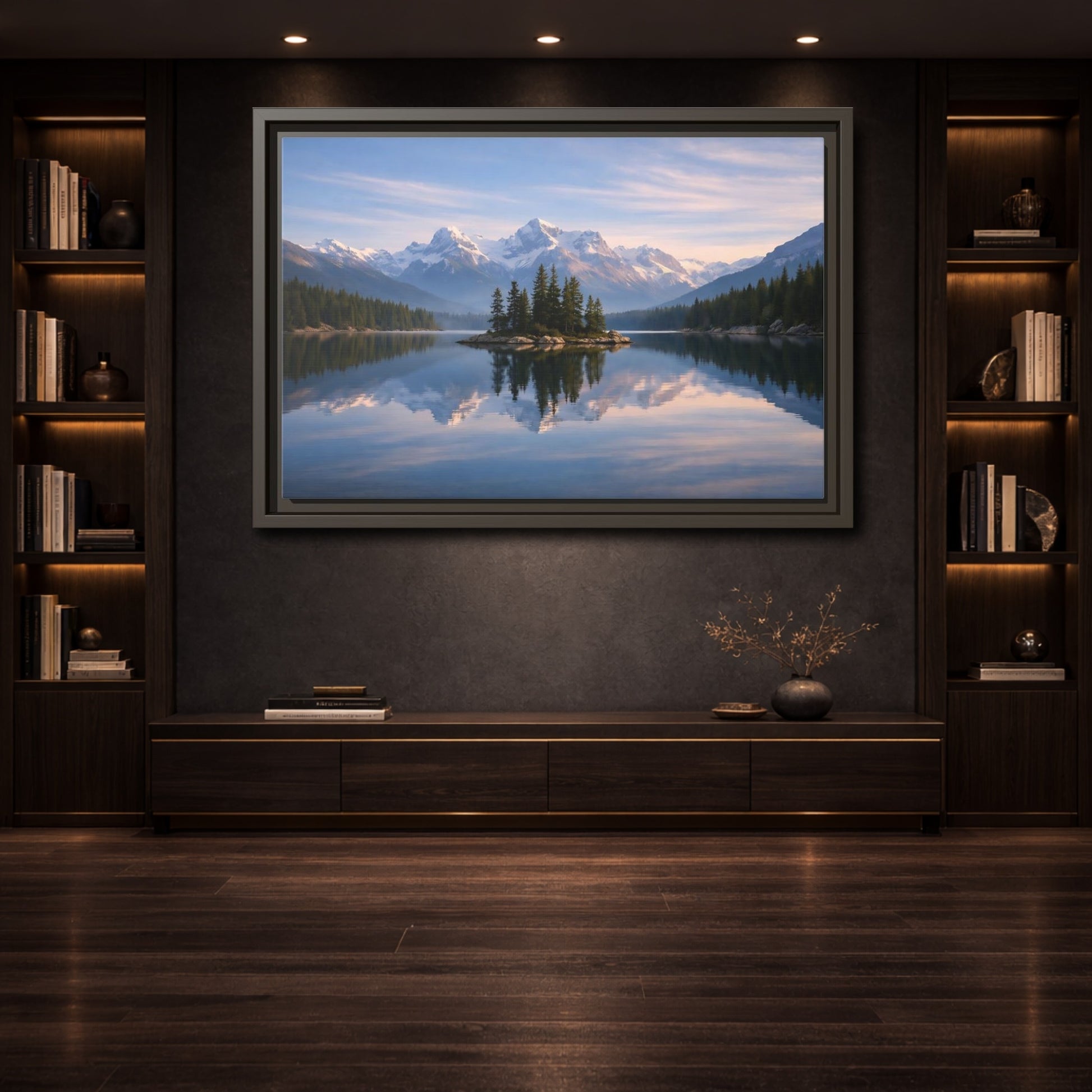 Mockup 3. Nature Mountain Lake Blue Mountain Lake shown as stretched canvas wall art