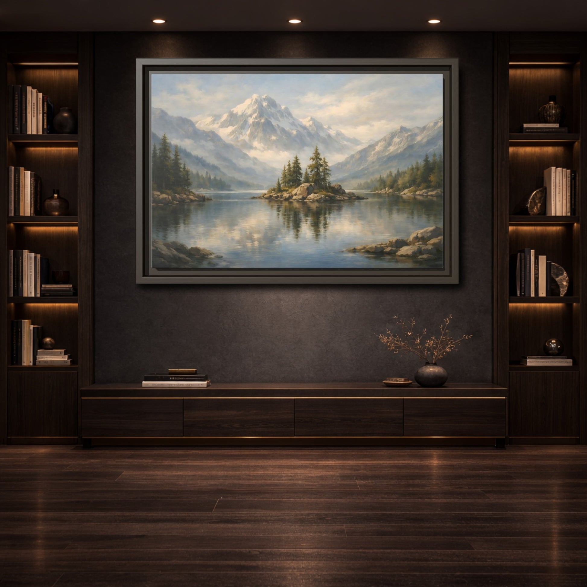 Mockup 3. Nature Mountain Lake Blue Mountain Lake shown as stretched canvas wall art