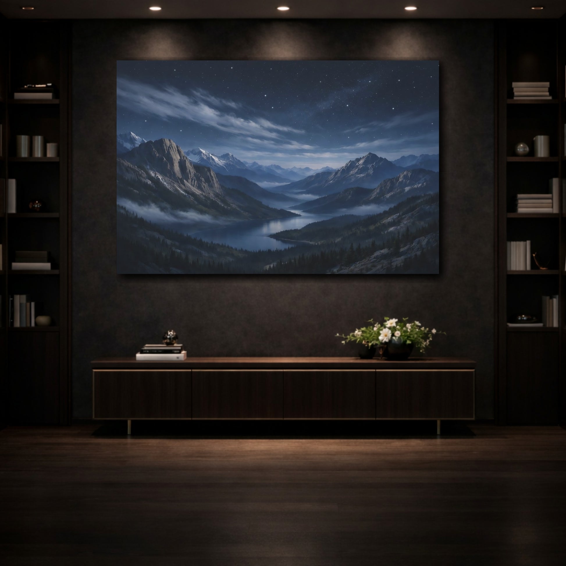 Mockup 3. Nature Mountain Lake Blue Mountain Lake shown as stretched canvas wall art