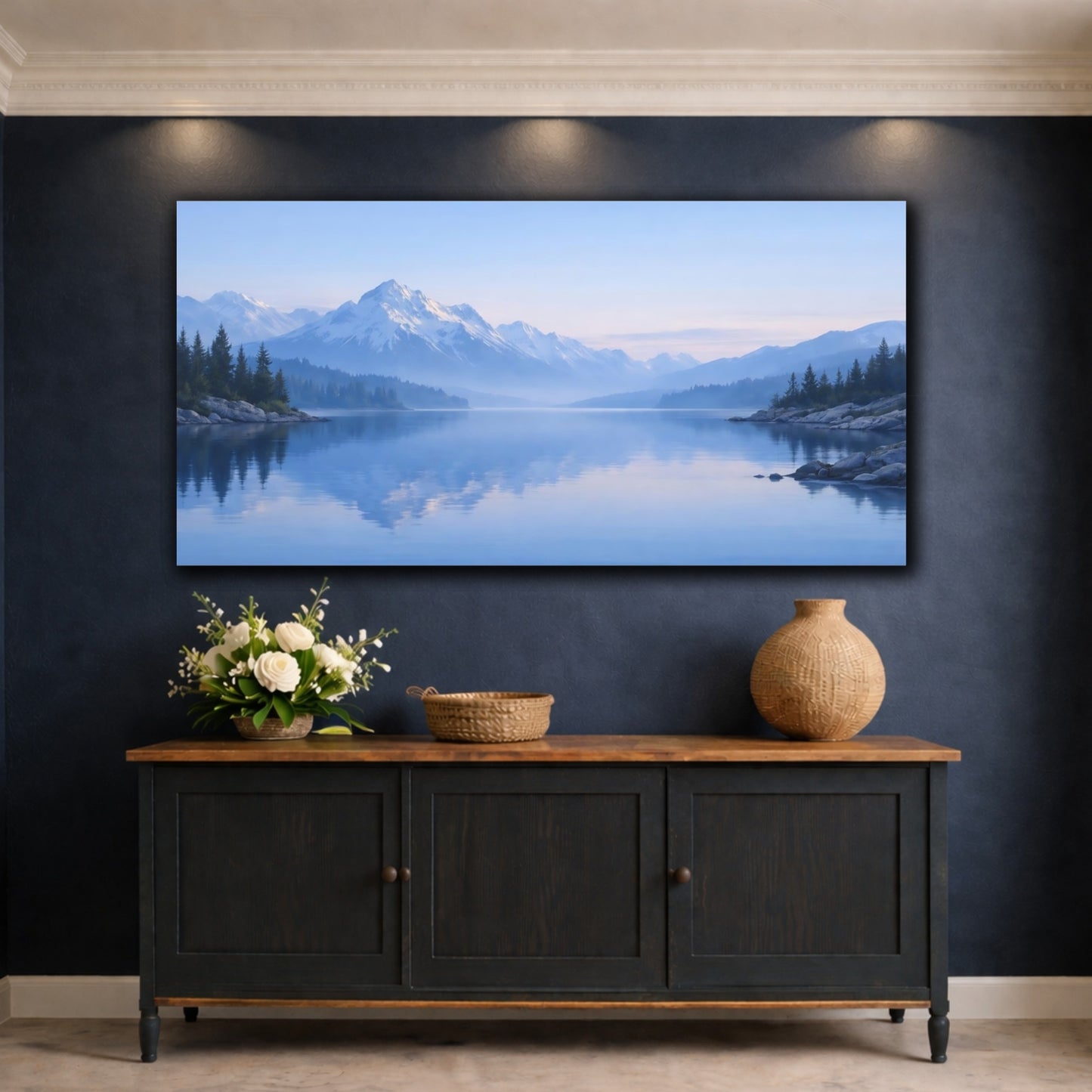 Mockup 4. Nature Mountain Lake Blue Mountain Lake shown as stretched canvas wall art