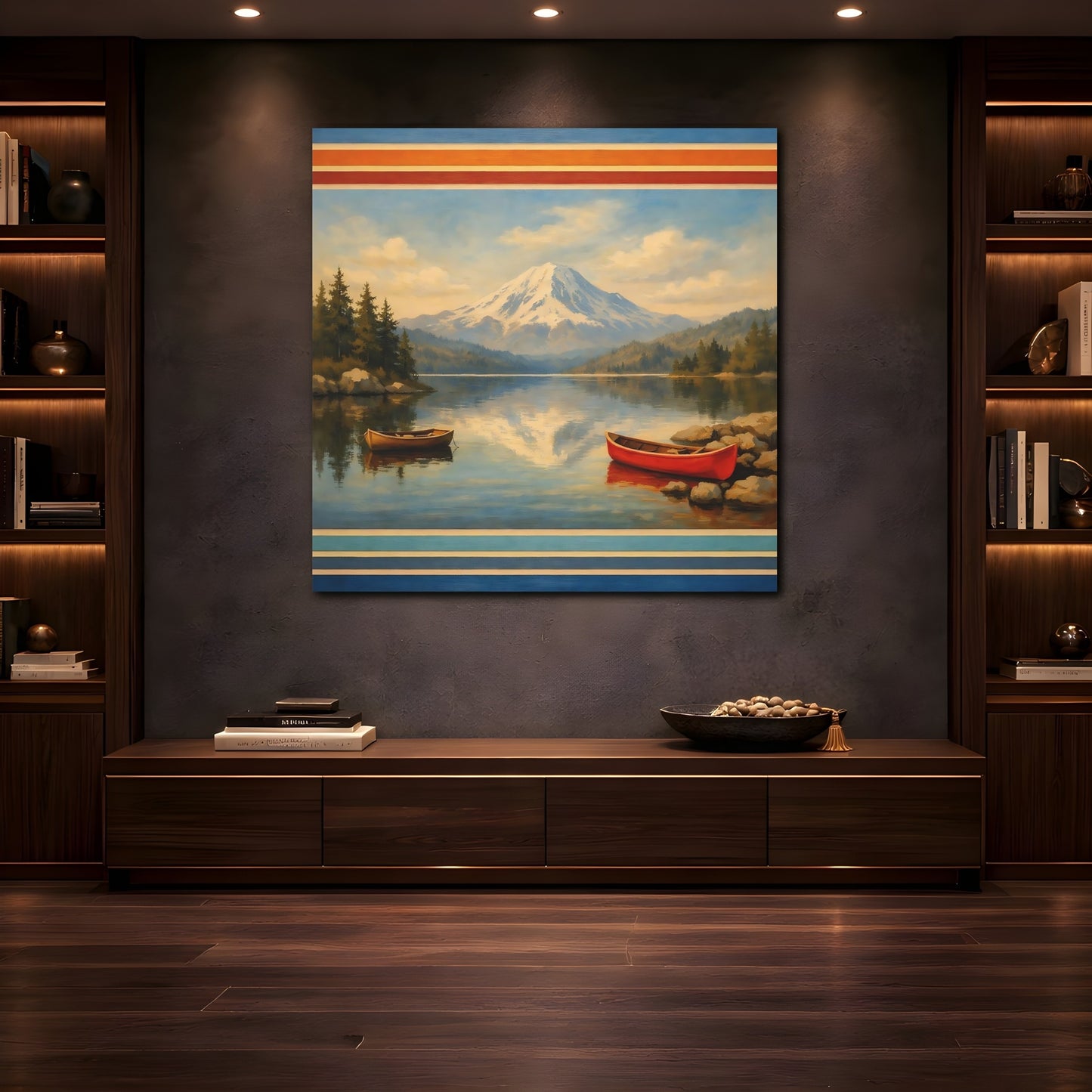 Mockup 4. Nature Mountain Lake Blue Mountain Lake shown as stretched canvas wall art