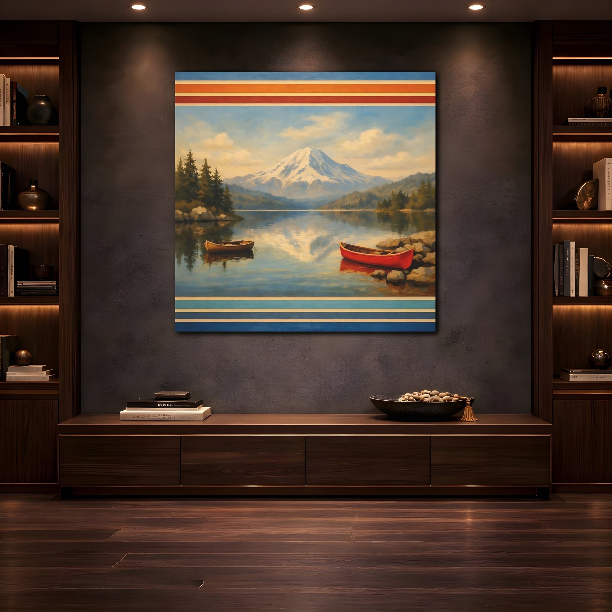 Mockup 4. Nature Mountain Lake Blue Mountain Lake shown as stretched canvas wall art