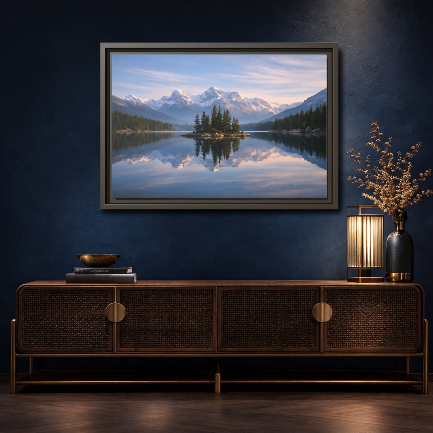 Mockup 4. Nature Mountain Lake Blue Mountain Lake shown as stretched canvas wall art