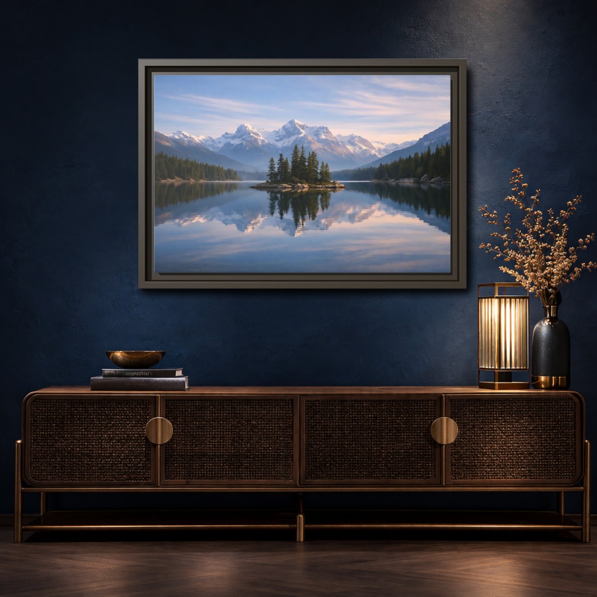 Mockup 4. Nature Mountain Lake Blue Mountain Lake shown as stretched canvas wall art