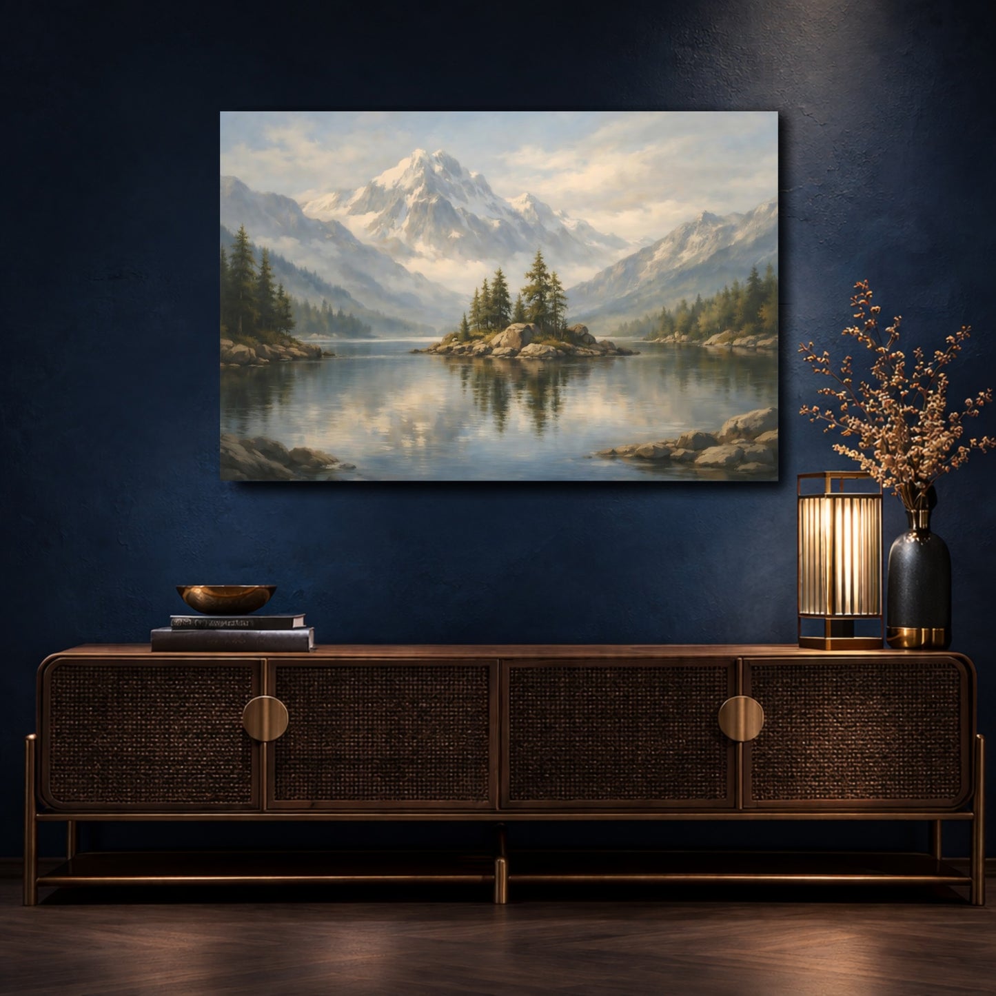 Mockup 4. Nature Mountain Lake Blue Mountain Lake shown as stretched canvas wall art