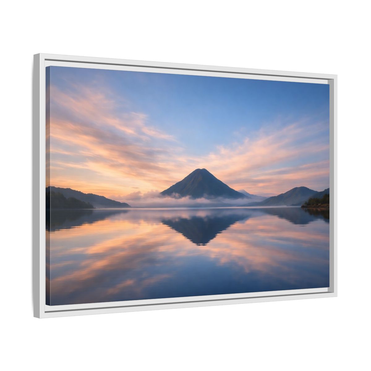 Side Mockup 10. Nature Mountain Lake Blue Orange Mountain shown as stretched canvas wall art