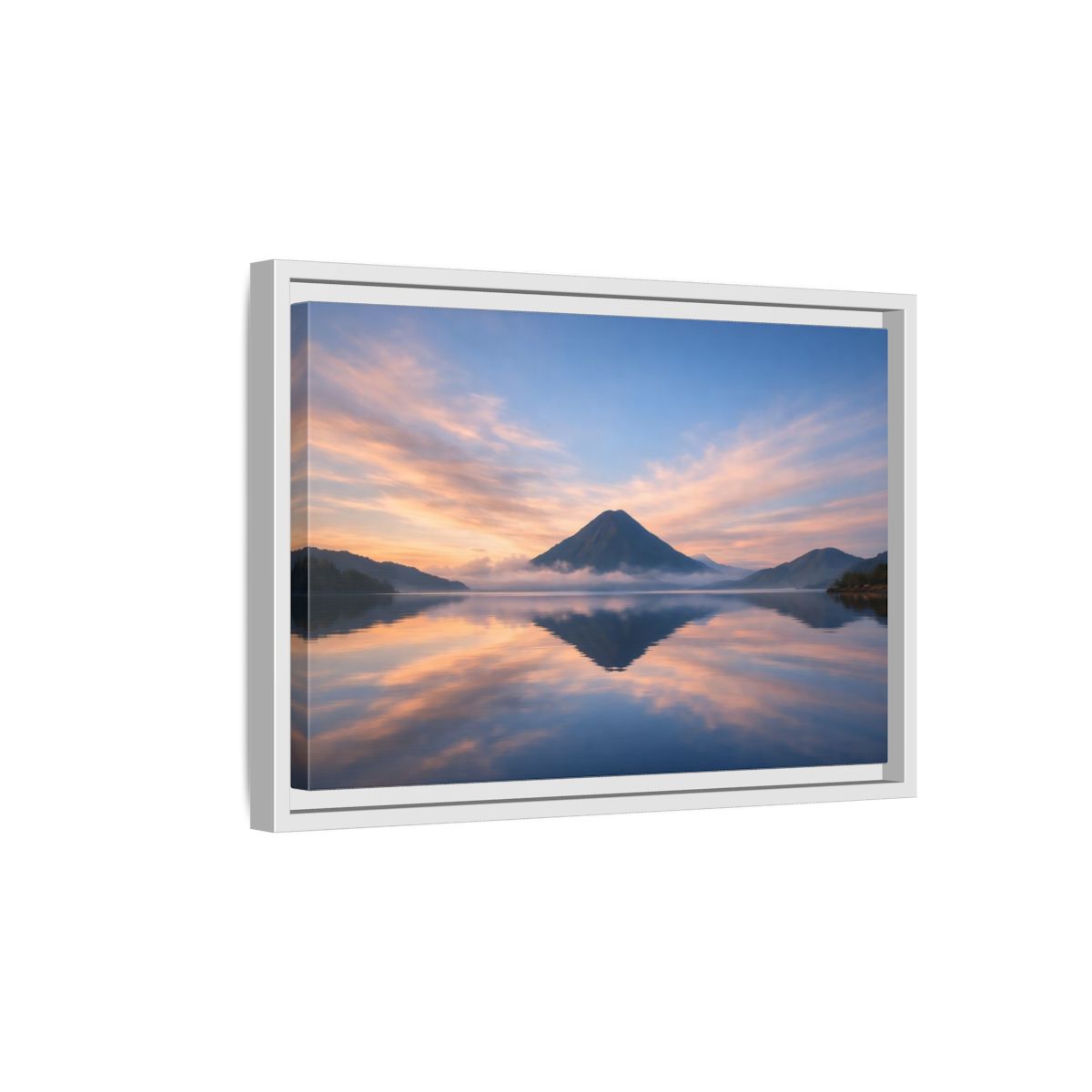 Side Mockup 4. Nature Mountain Lake Blue Orange Mountain shown as stretched canvas wall art