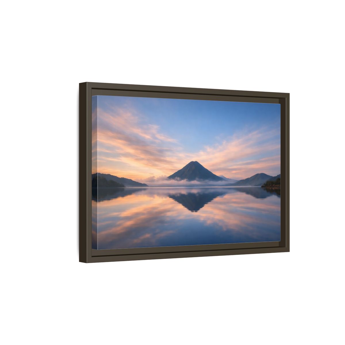Side Mockup 5. Nature Mountain Lake Blue Orange Mountain shown as stretched canvas wall art