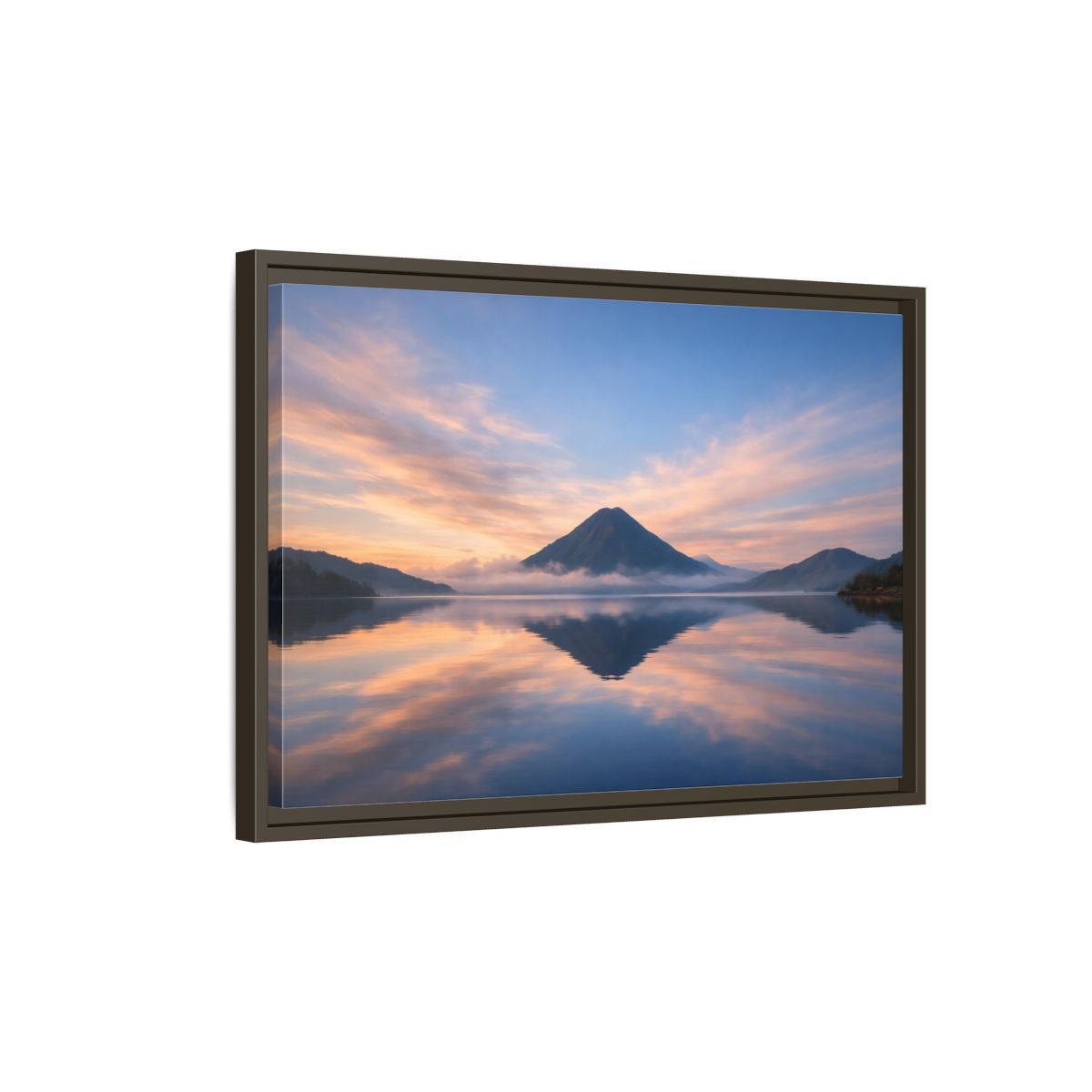 Side Mockup 2. Nature Mountain Lake Blue Orange Mountain shown as stretched canvas wall art