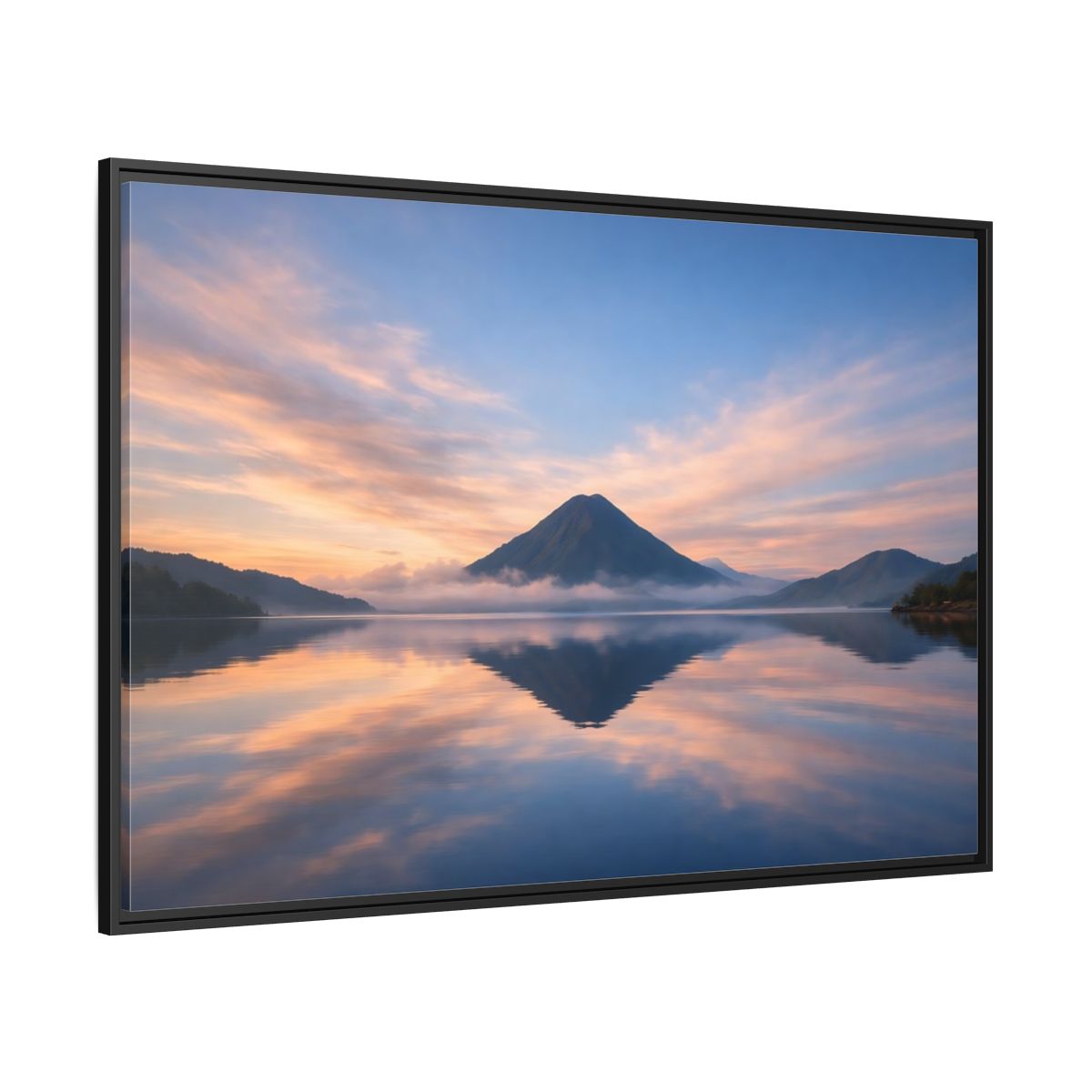 Side Mockup 12. Nature Mountain Lake Blue Orange Mountain shown as stretched canvas wall art