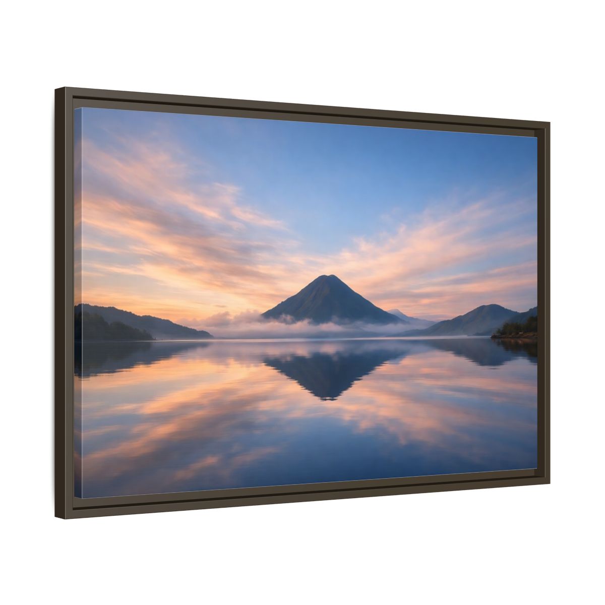 Side Mockup 11. Nature Mountain Lake Blue Orange Mountain shown as stretched canvas wall art