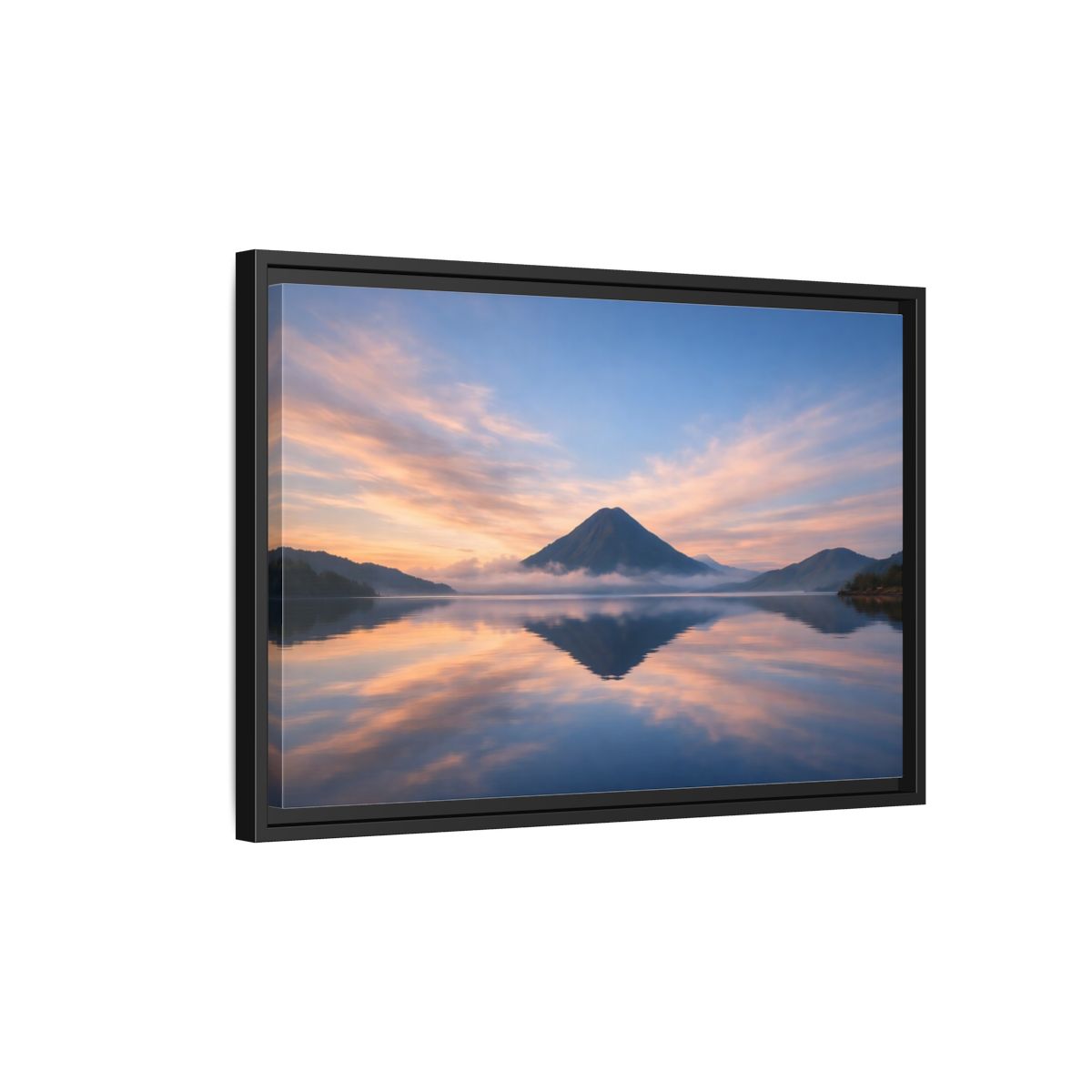 Side Mockup 3. Nature Mountain Lake Blue Orange Mountain shown as stretched canvas wall art