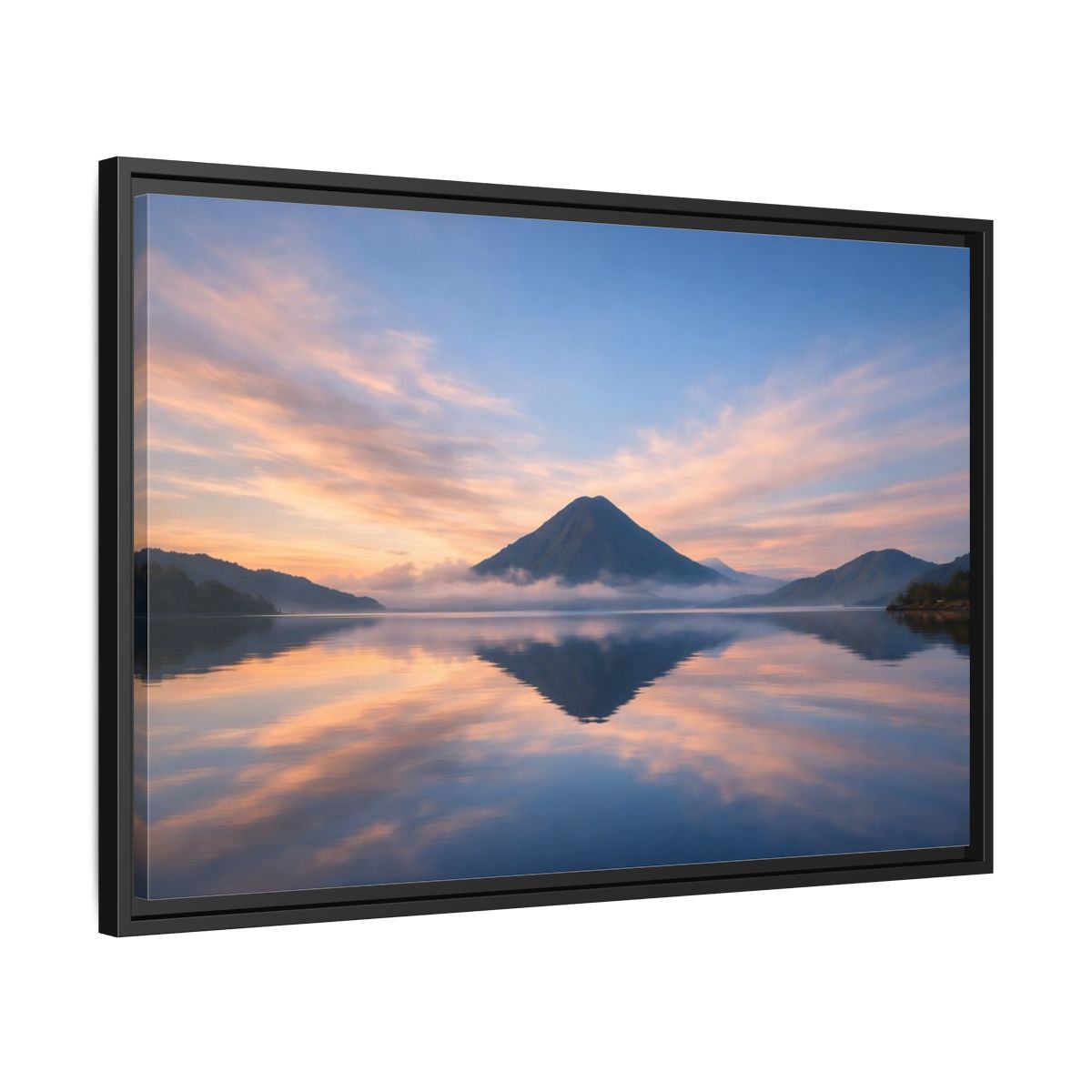 Side Mockup 14. Nature Mountain Lake Blue Orange Mountain shown as stretched canvas wall art