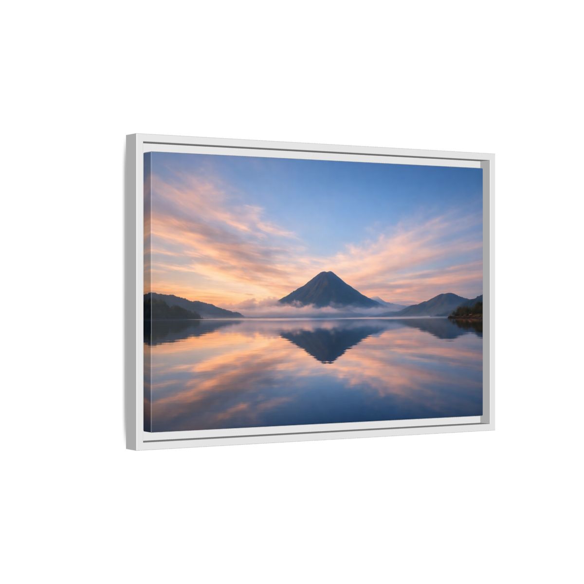 Side Mockup 1. Nature Mountain Lake Blue Orange Mountain shown as stretched canvas wall art