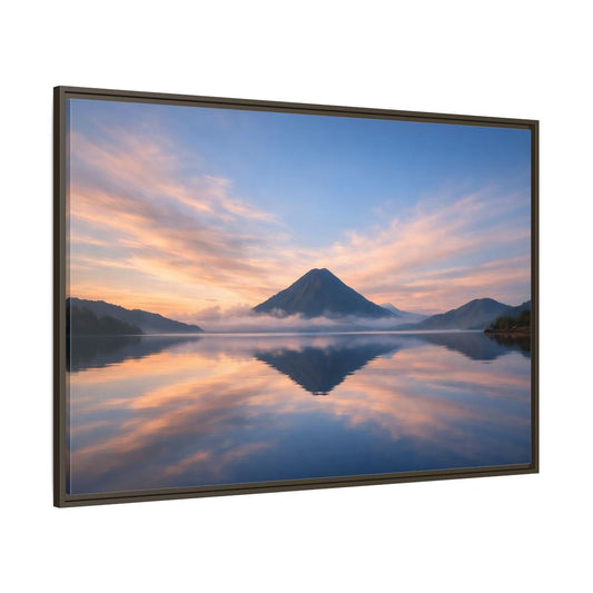 Main Mockup. Nature Mountain Lake Blue Orange Mountain shown as stretched canvas wall art