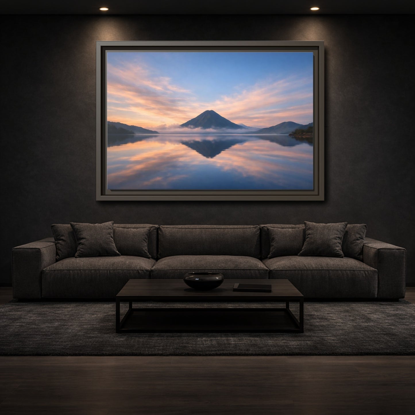 Mockup 2. Nature Mountain Lake Blue Orange Mountain shown as stretched canvas wall art