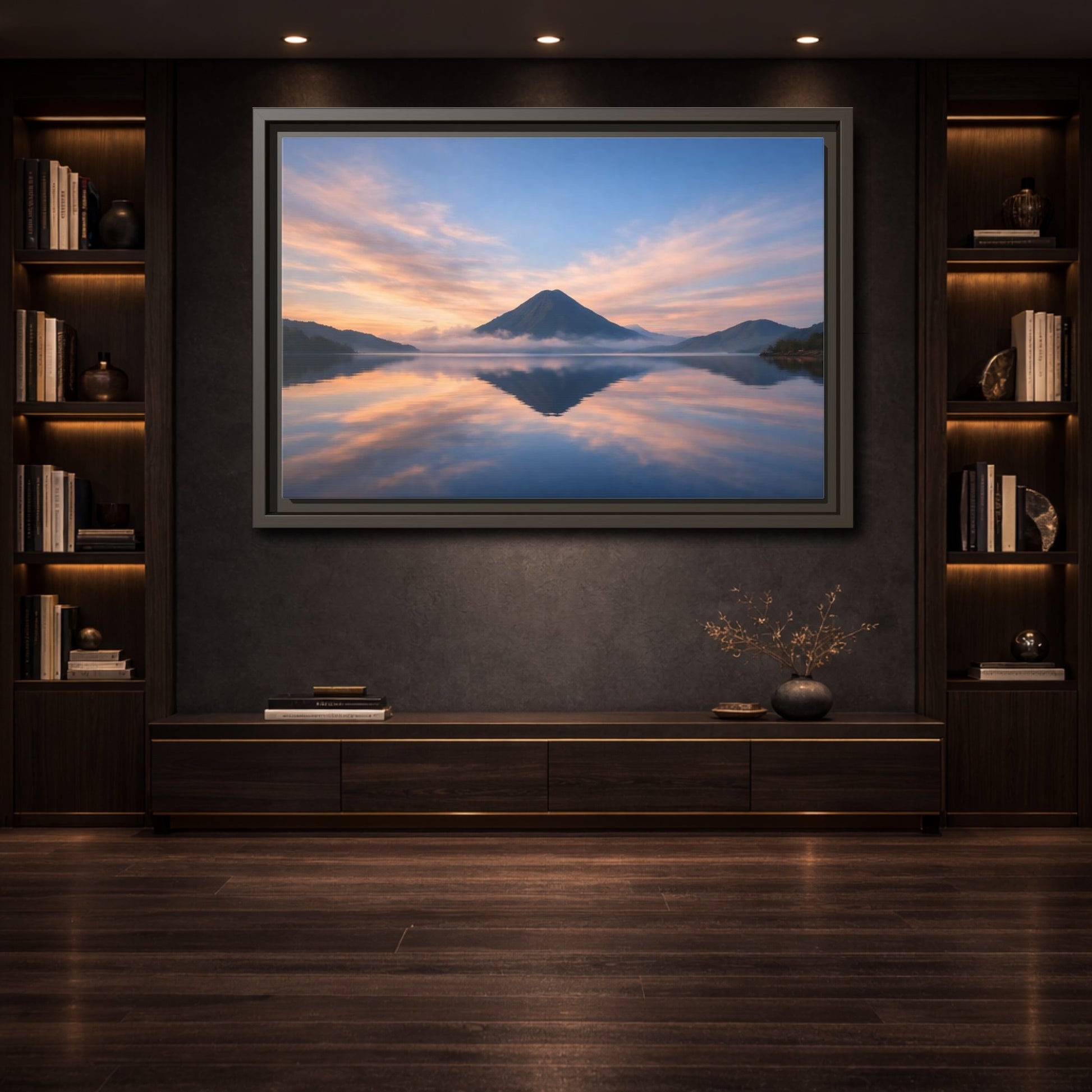 Mockup 3. Nature Mountain Lake Blue Orange Mountain shown as stretched canvas wall art
