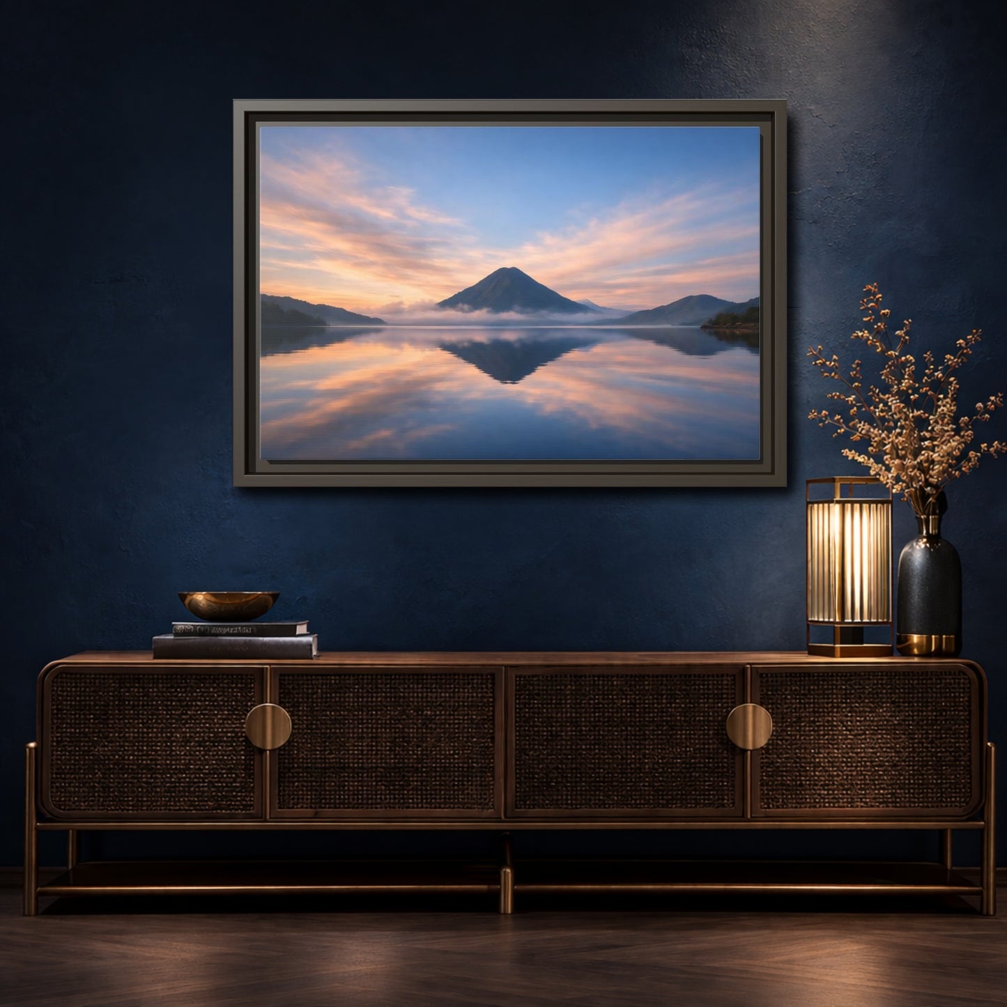 Mockup 4. Nature Mountain Lake Blue Orange Mountain shown as stretched canvas wall art