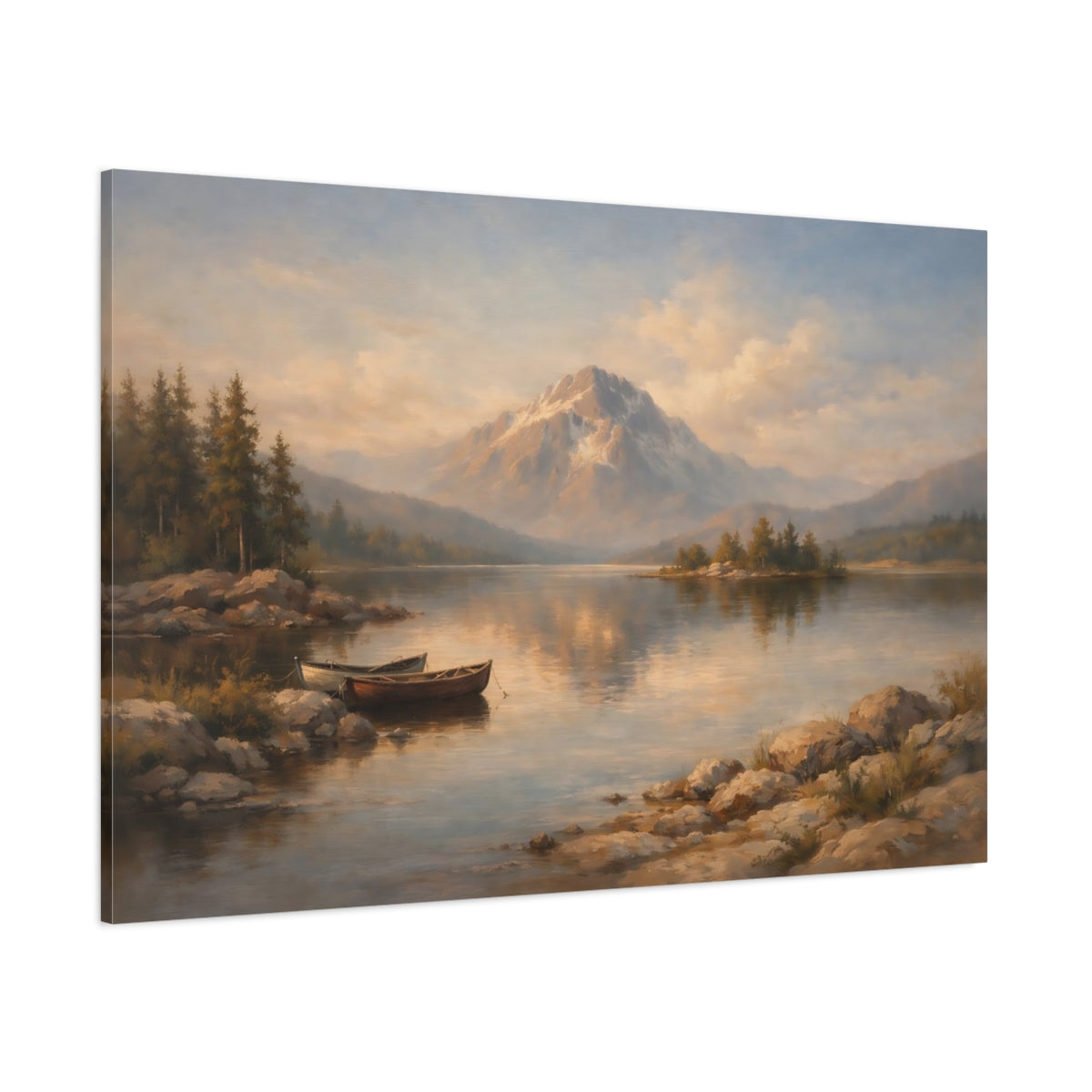 Main Mockup. Nature Mountain Lake Brown And Blue shown as stretched canvas wall art