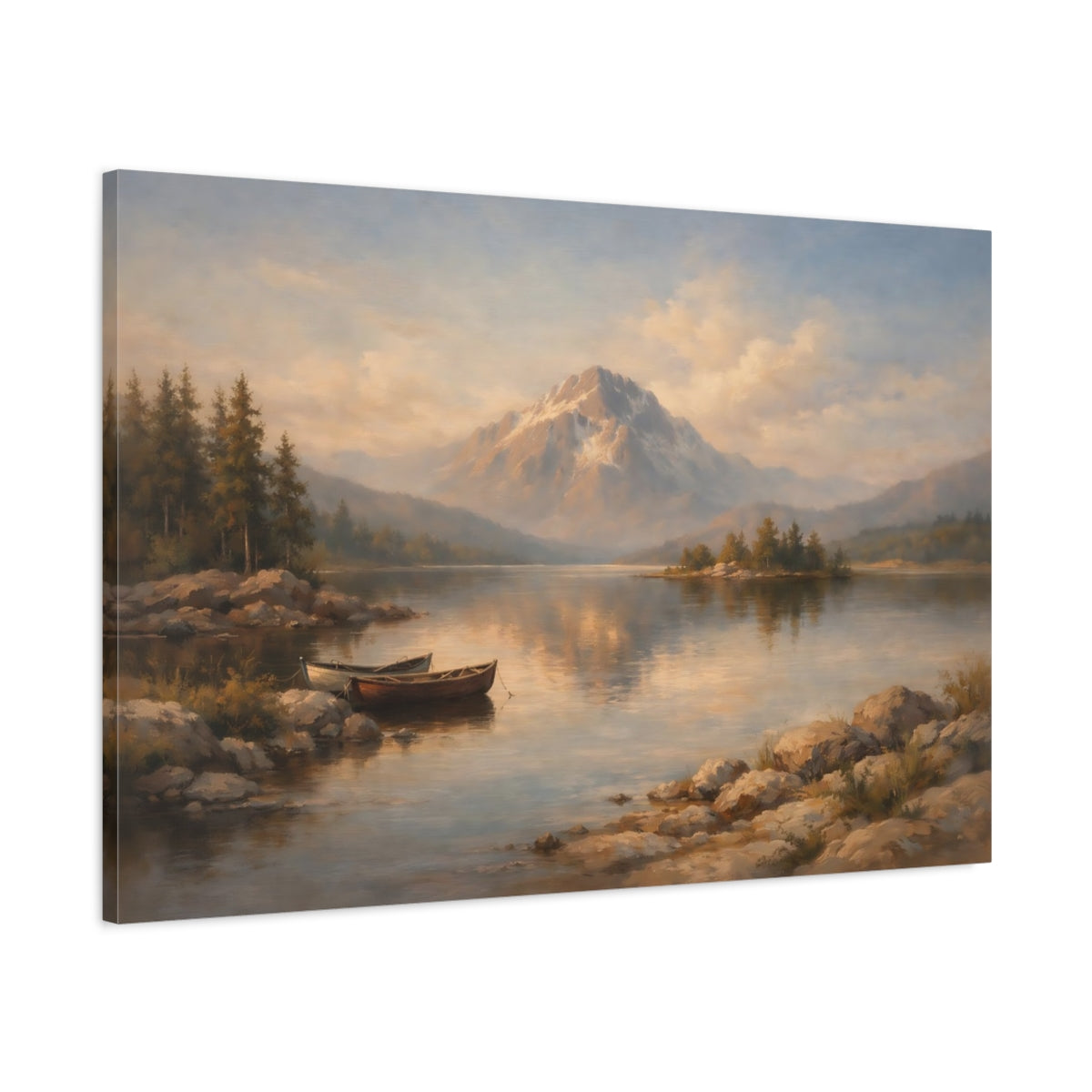 Side Mockup 1. Nature Mountain Lake Brown And Blue shown as stretched canvas wall art
