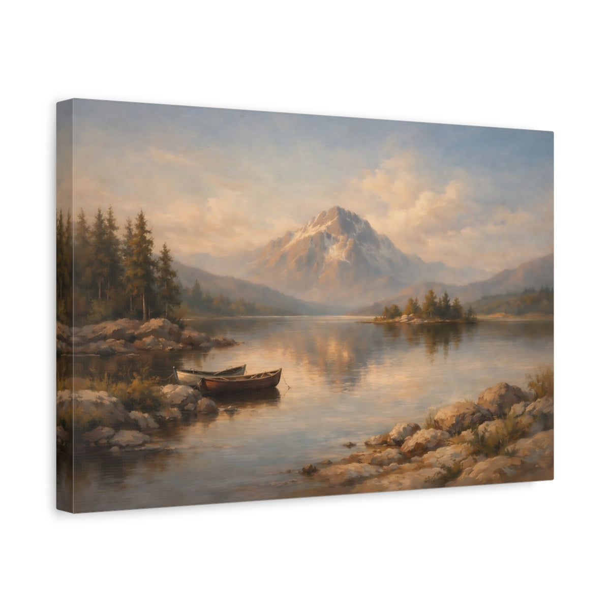 Side Mockup 4. Nature Mountain Lake Brown And Blue shown as stretched canvas wall art