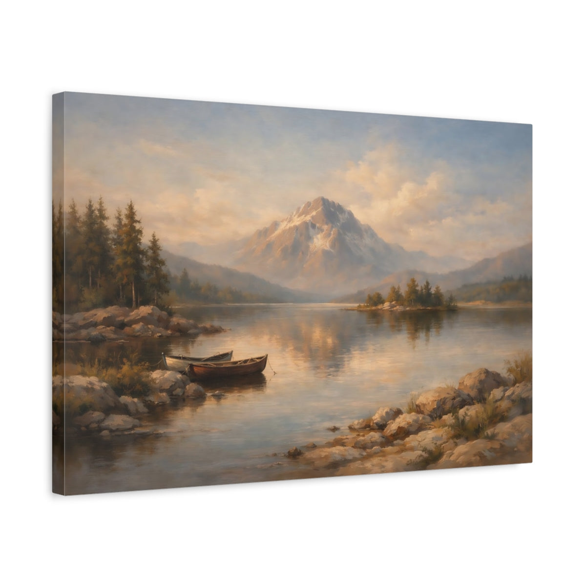 Side Mockup 3. Nature Mountain Lake Brown And Blue shown as stretched canvas wall art