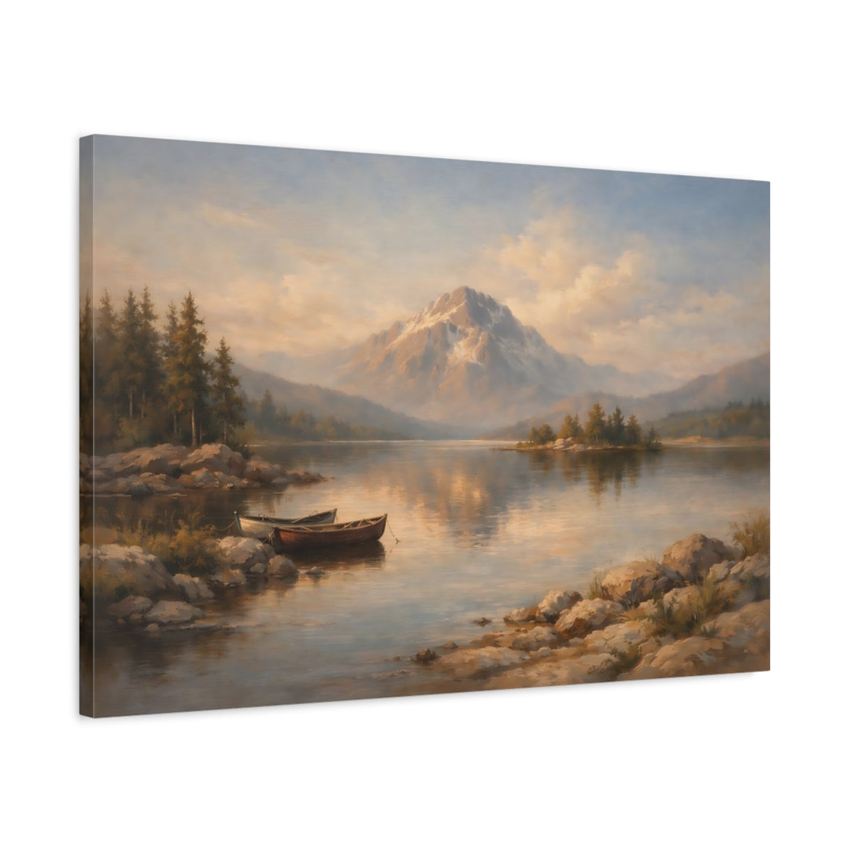 Side Mockup 2. Nature Mountain Lake Brown And Blue shown as stretched canvas wall art