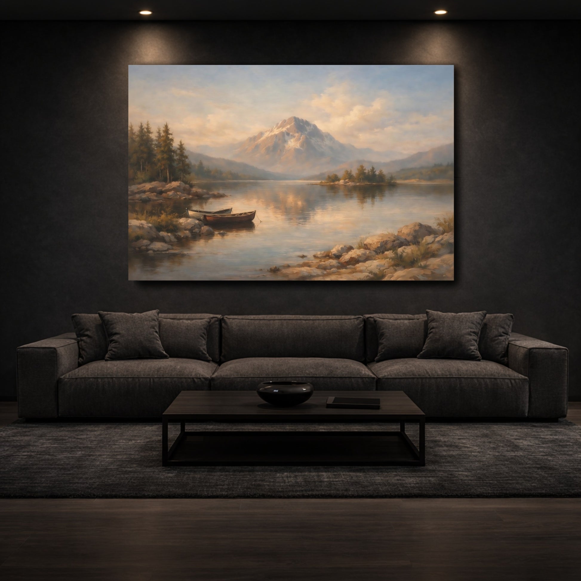 Mockup 2. Nature Mountain Lake Brown And Blue shown as stretched canvas wall art