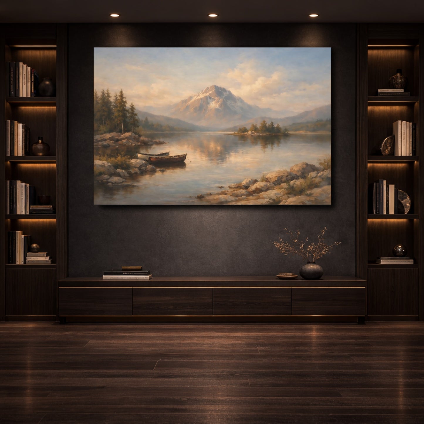 Mockup 3. Nature Mountain Lake Brown And Blue shown as stretched canvas wall art