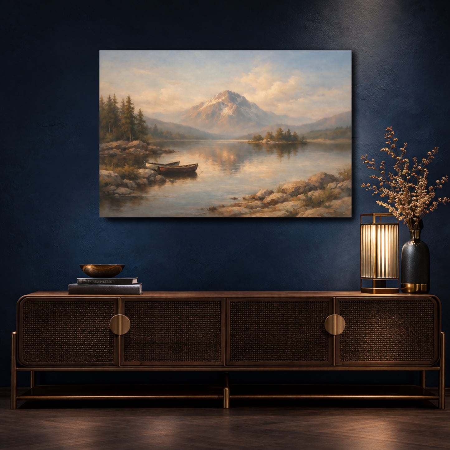Mockup 4. Nature Mountain Lake Brown And Blue shown as stretched canvas wall art