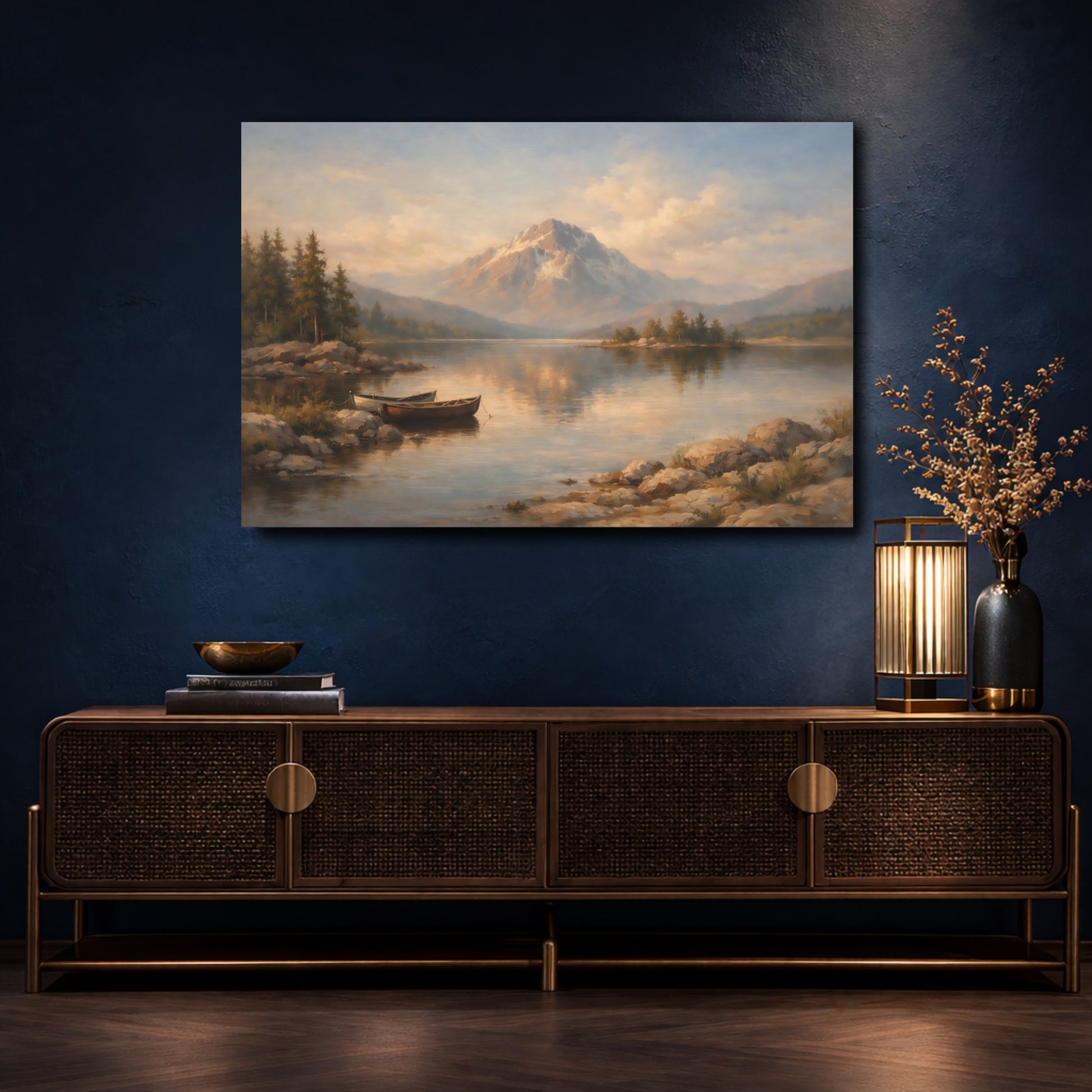 Mockup 4. Nature Mountain Lake Brown And Blue shown as stretched canvas wall art