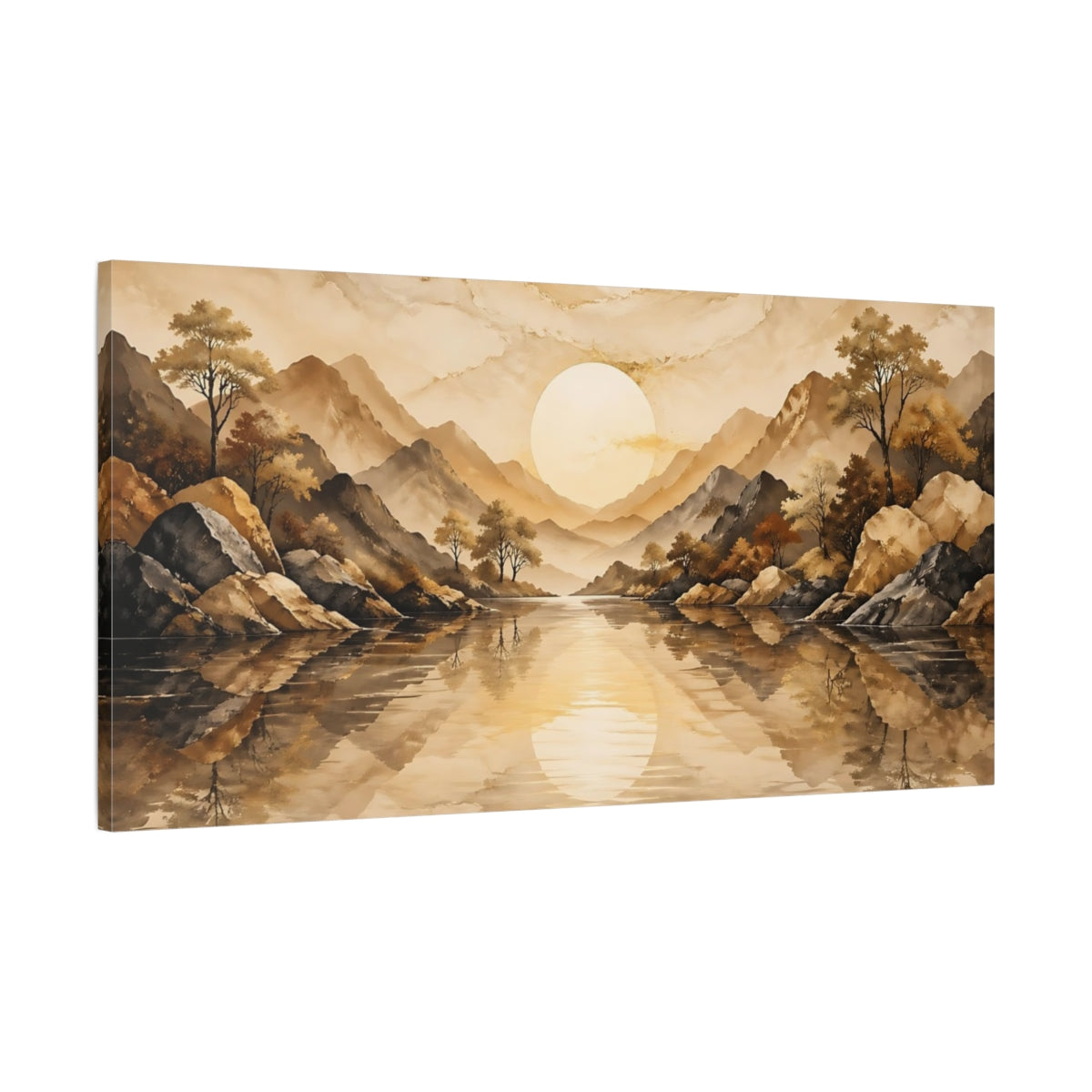 Main Mockup. Nature Mountain Lake Brown And Gold shown as stretched canvas wall art