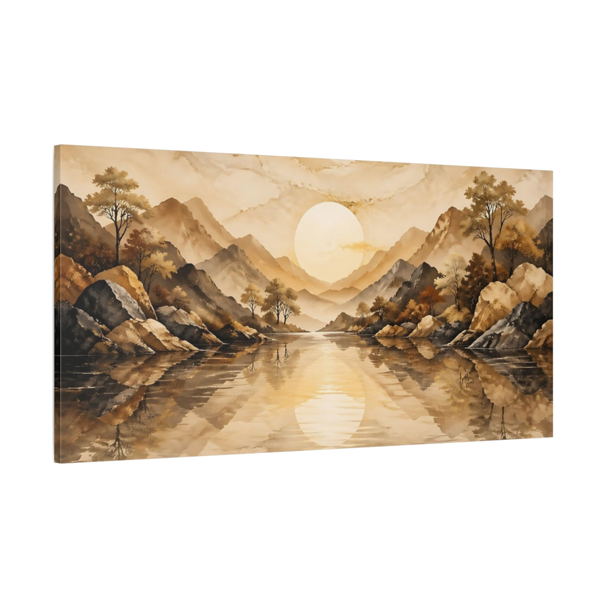 Side Mockup 2. Nature Mountain Lake Brown And Gold shown as stretched canvas wall art
