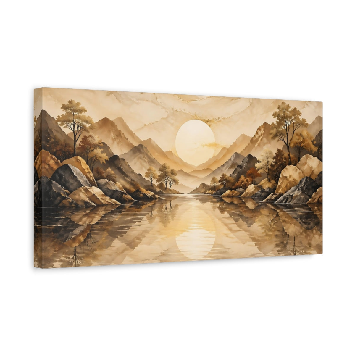 Side Mockup 3. Nature Mountain Lake Brown And Gold shown as stretched canvas wall art