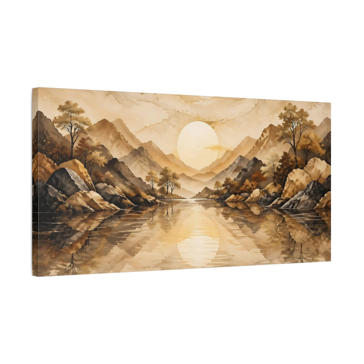 Side Mockup 1. Nature Mountain Lake Brown And Gold shown as stretched canvas wall art