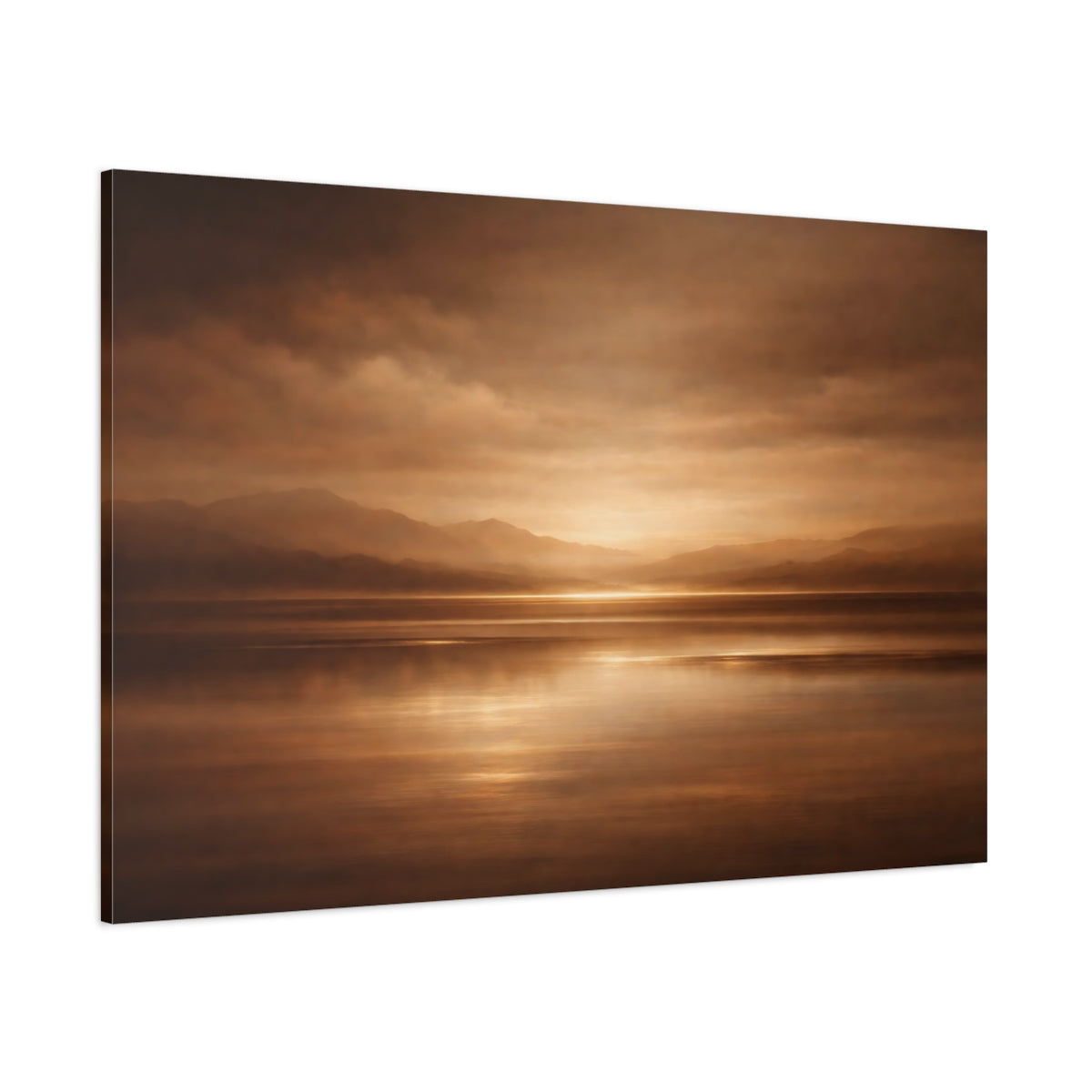 Main Mockup. Nature Mountain Lake Brown And Gold Landscape shown as stretched canvas wall art