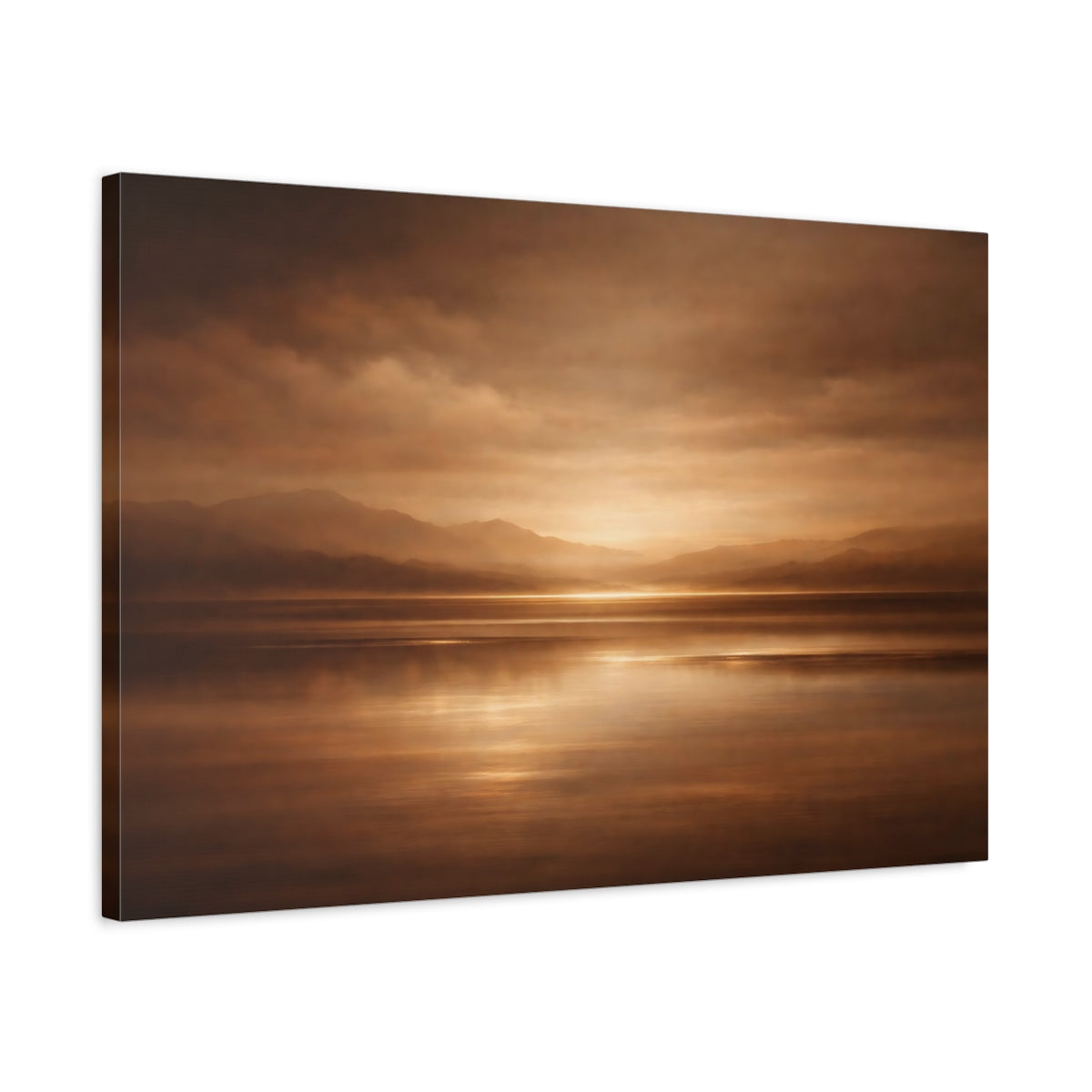 Side Mockup 2. Nature Mountain Lake Brown And Gold Landscape shown as stretched canvas wall art