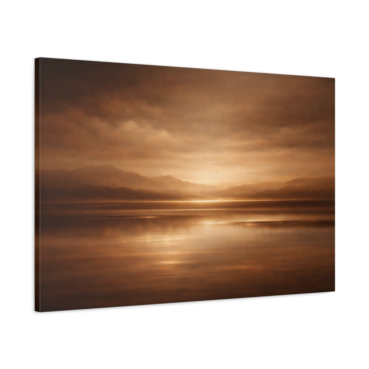 Side Mockup 1. Nature Mountain Lake Brown And Gold Landscape shown as stretched canvas wall art
