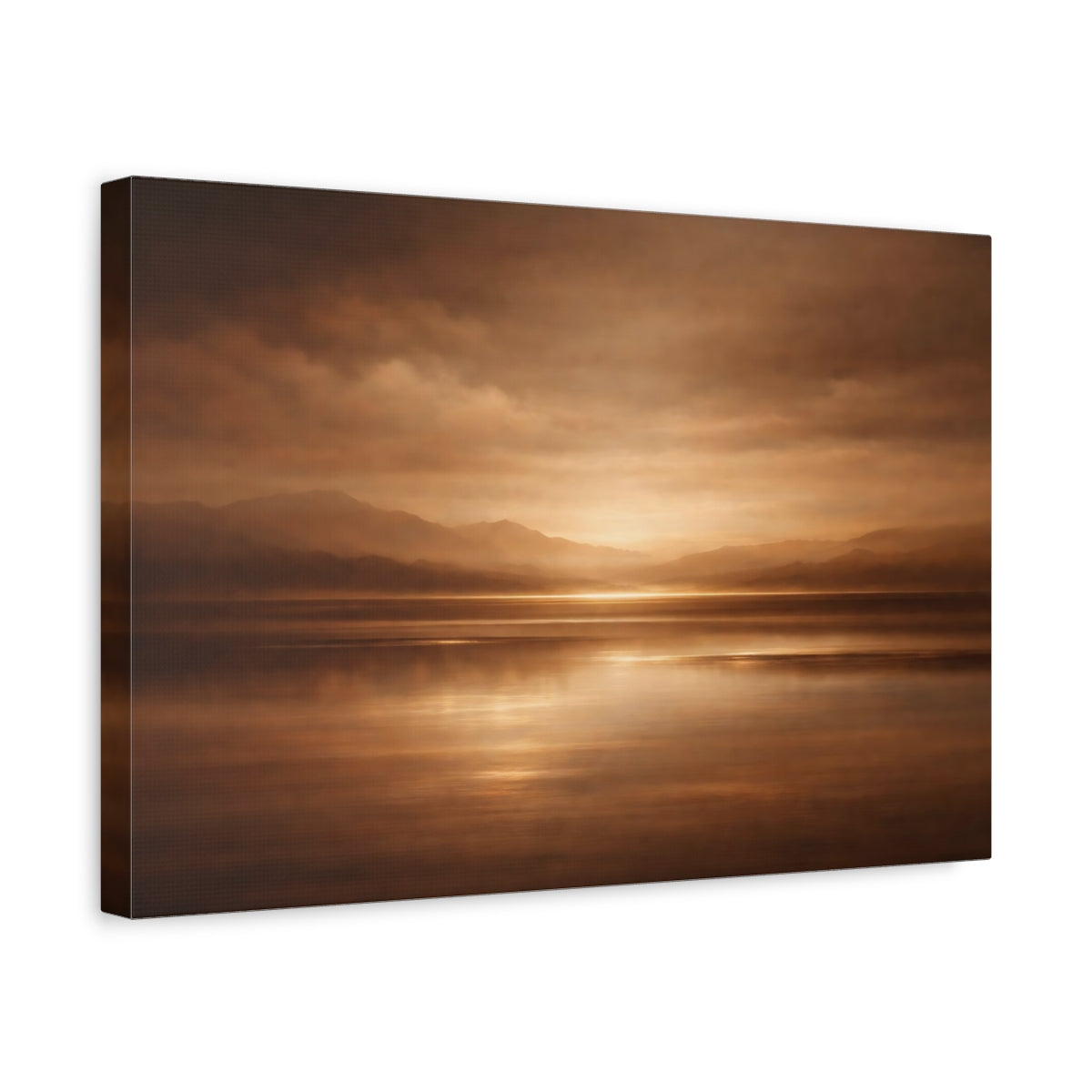 Side Mockup 4. Nature Mountain Lake Brown And Gold Landscape shown as stretched canvas wall art