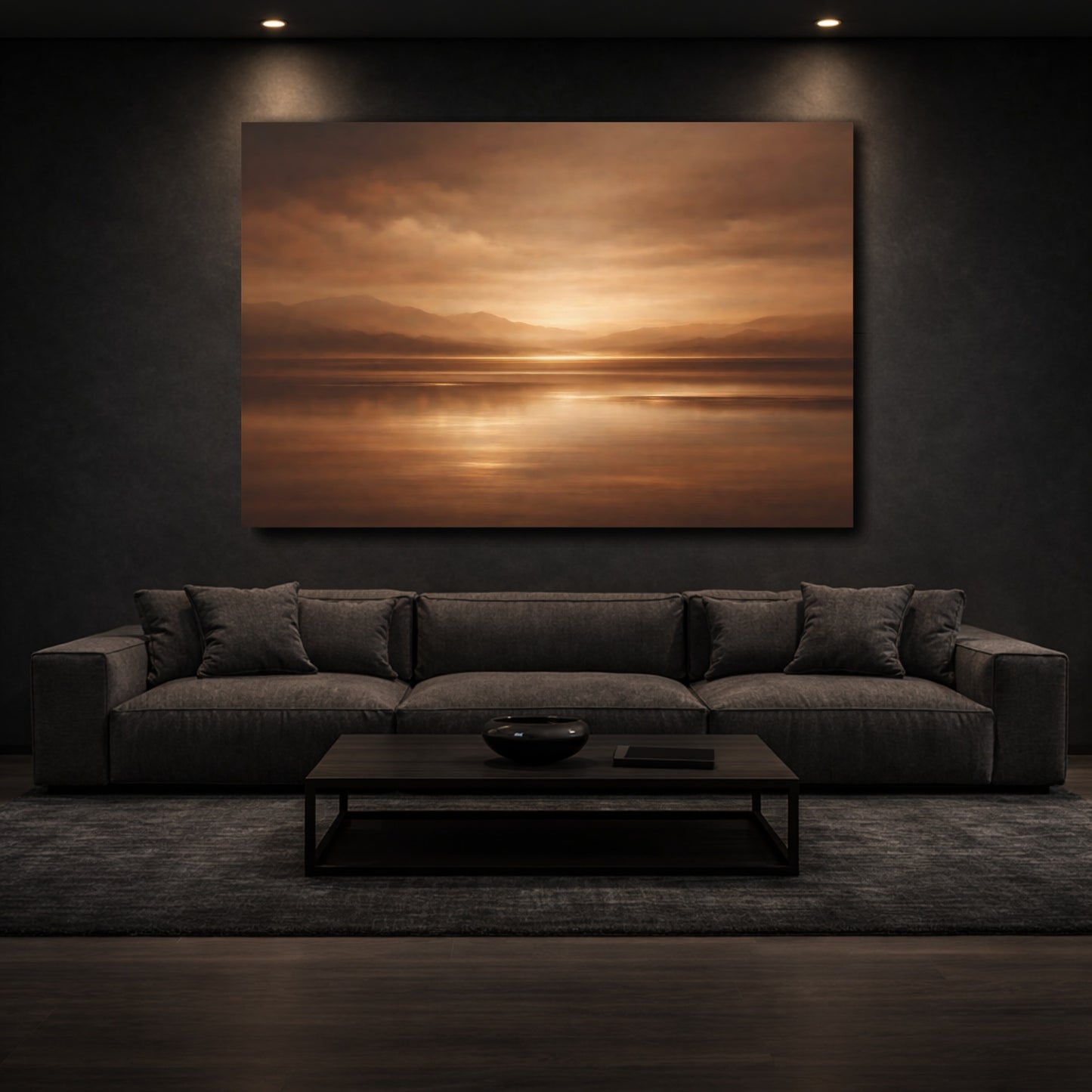 Mockup 2. Nature Mountain Lake Brown And Gold Landscape shown as stretched canvas wall art