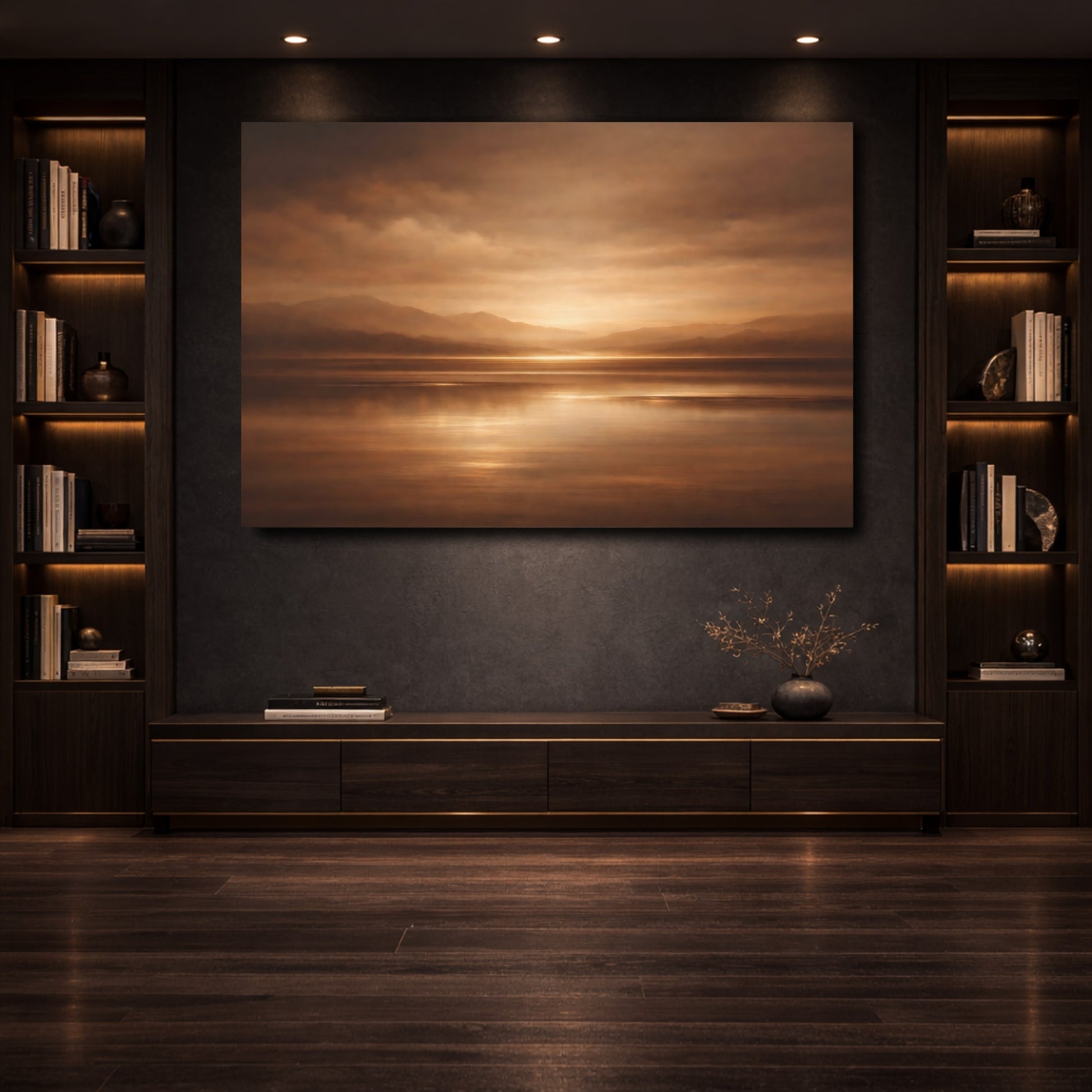 Mockup 3. Nature Mountain Lake Brown And Gold Landscape shown as stretched canvas wall art
