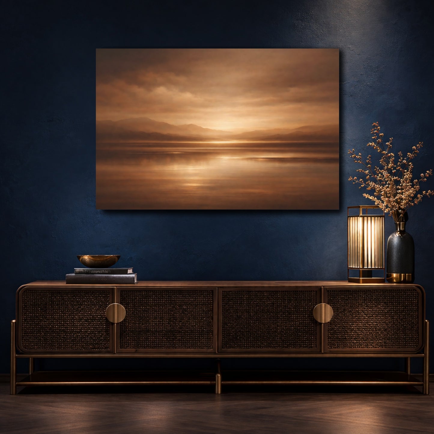 Mockup 4. Nature Mountain Lake Brown And Gold Landscape shown as stretched canvas wall art
