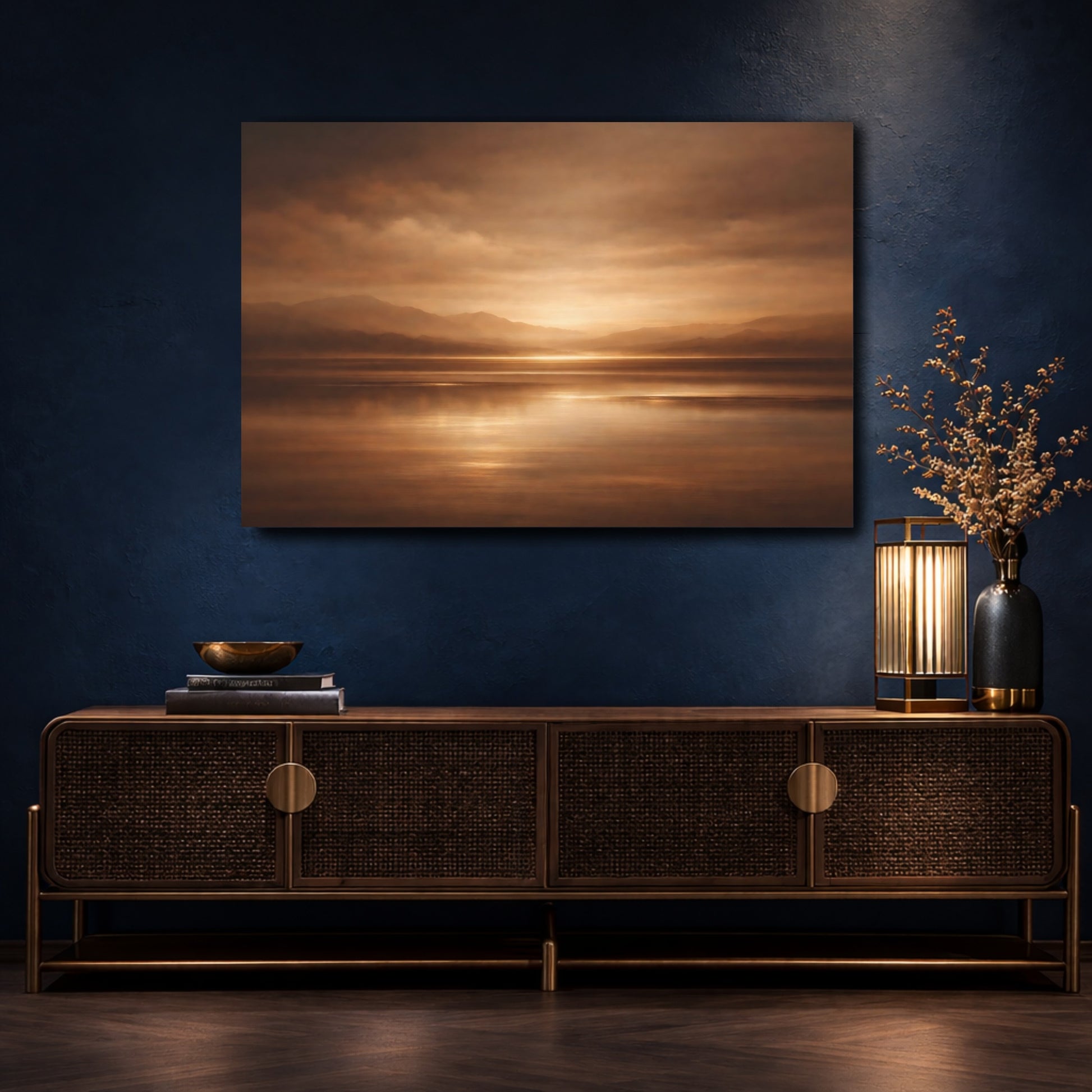 Mockup 4. Nature Mountain Lake Brown And Gold Landscape shown as stretched canvas wall art