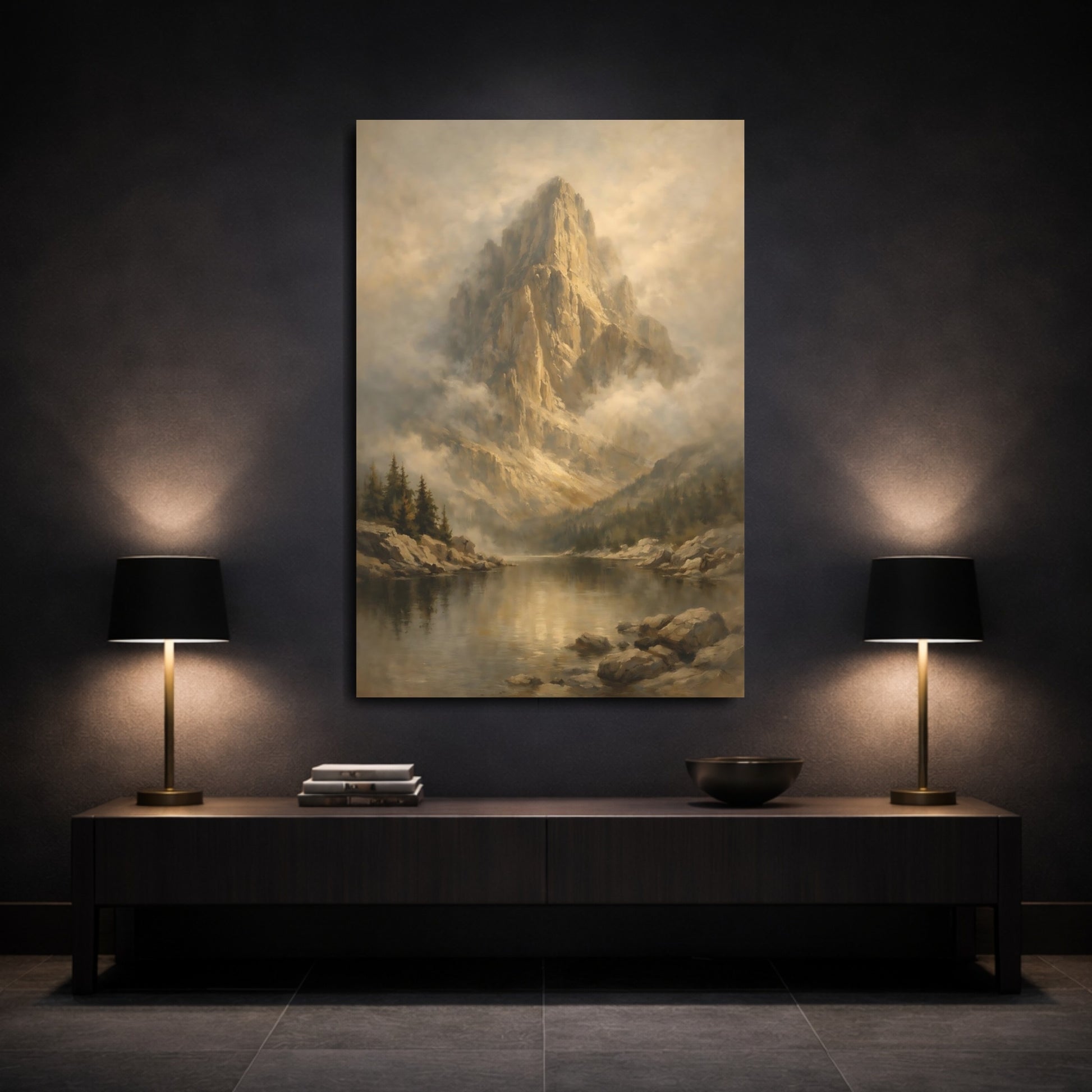 Mockup 2. Nature Mountain Lake Brown And Gold Mountain shown as stretched canvas wall art