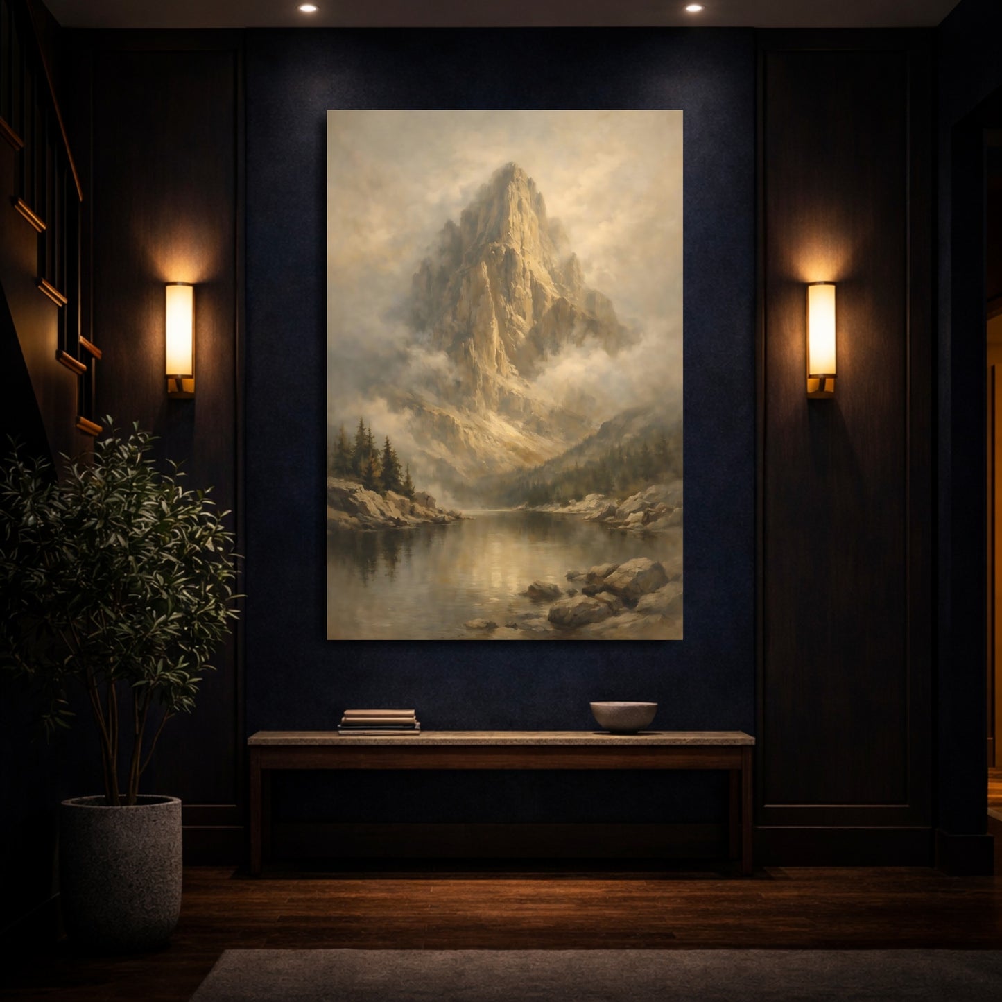 Mockup 3. Nature Mountain Lake Brown And Gold Mountain shown as stretched canvas wall art