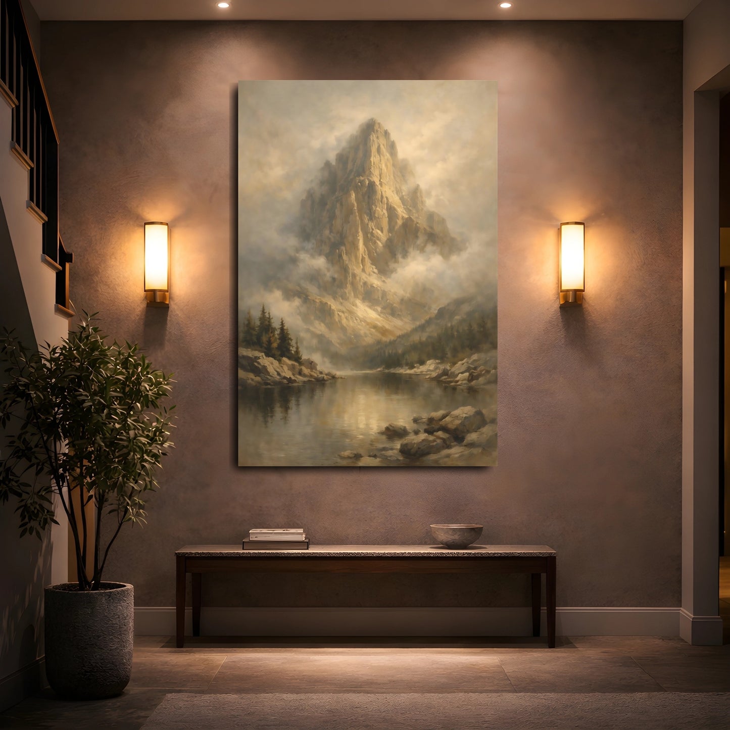 Mockup 4. Nature Mountain Lake Brown And Gold Mountain shown as stretched canvas wall art