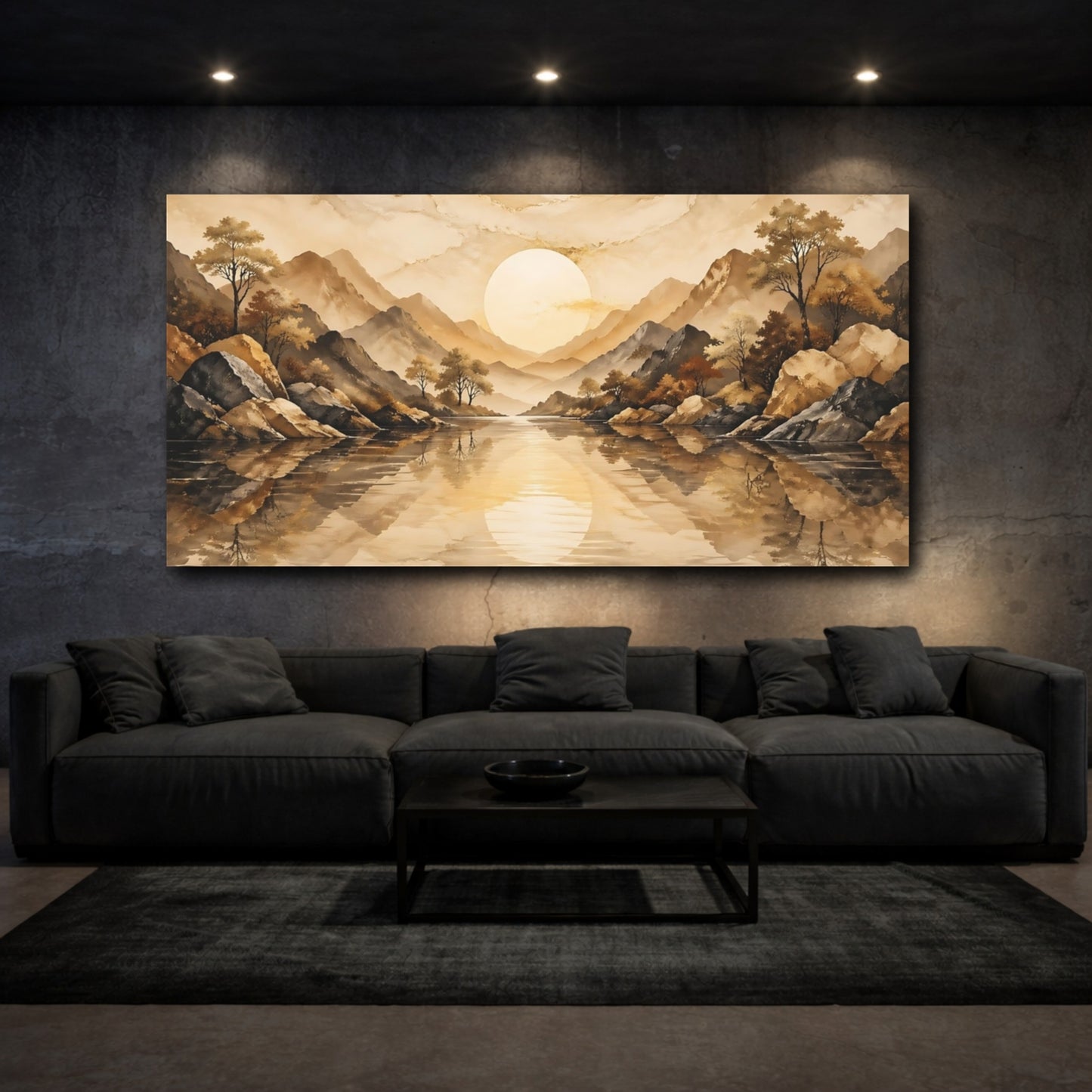Mockup 2. Nature Mountain Lake Brown And Gold shown as stretched canvas wall art