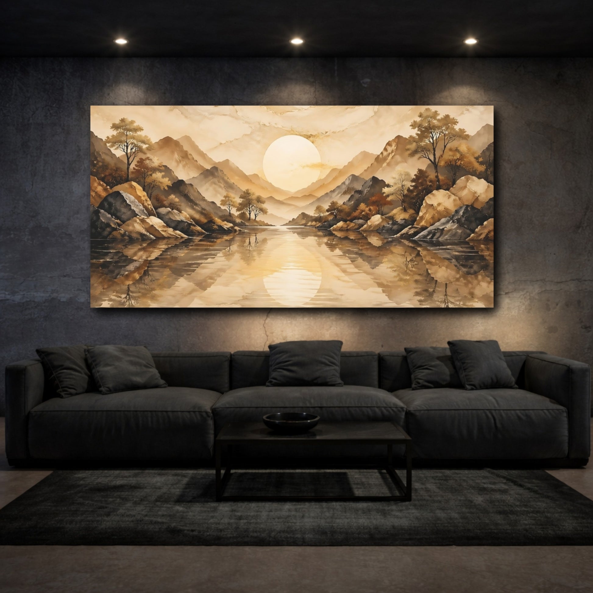 Mockup 2. Nature Mountain Lake Brown And Gold shown as stretched canvas wall art