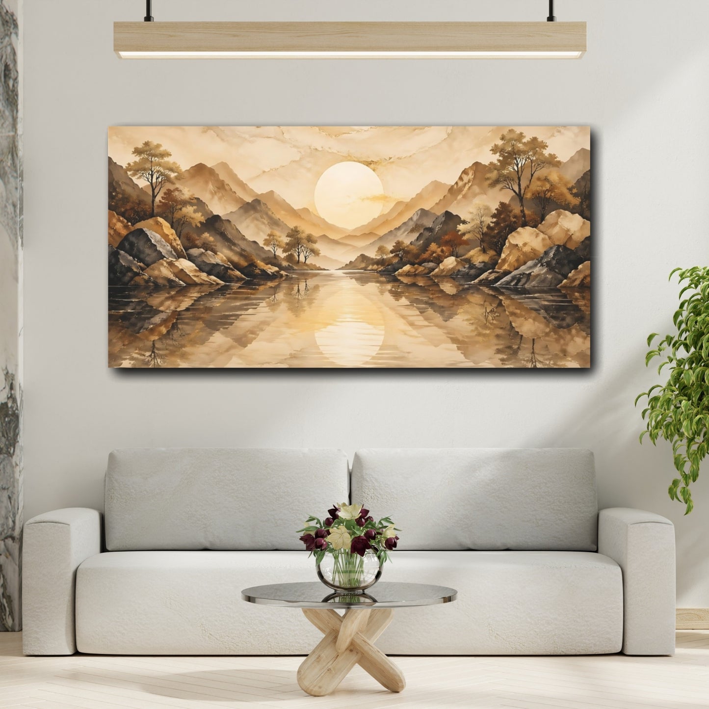 Mockup 3. Nature Mountain Lake Brown And Gold shown as stretched canvas wall art